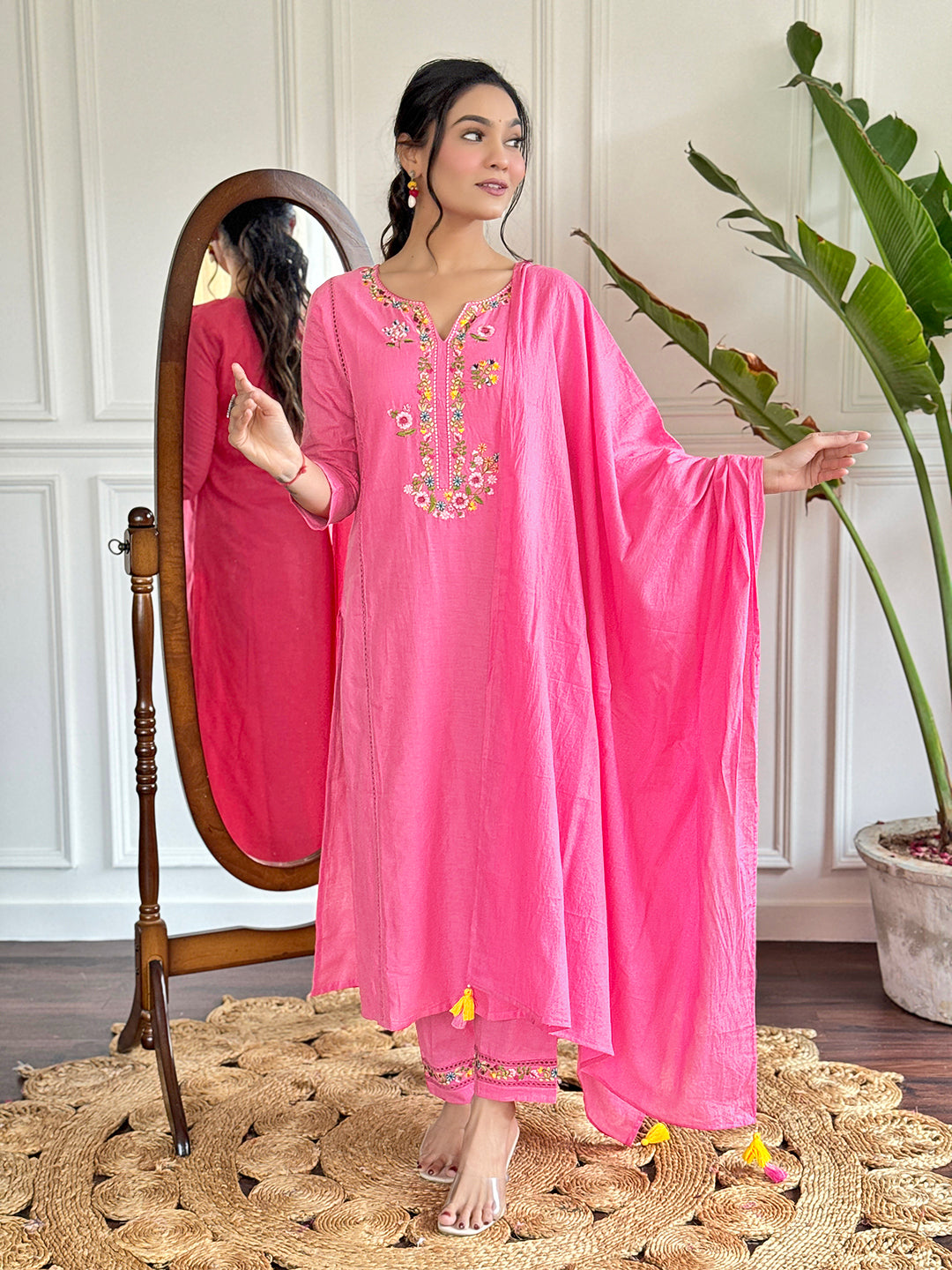 Women’s Pink Viscose Embroidered Straight Kurta with Viscose Pants & Cotton Dyed Dupatta Set It’s concise, highlights the color first, and reads smoothly.
