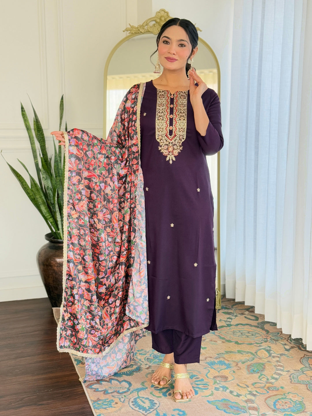 Women’s Purple Rayon Embroidered Straight Kurta Set with Pant & Silk Chiffon Embroidered Lace Dupatta