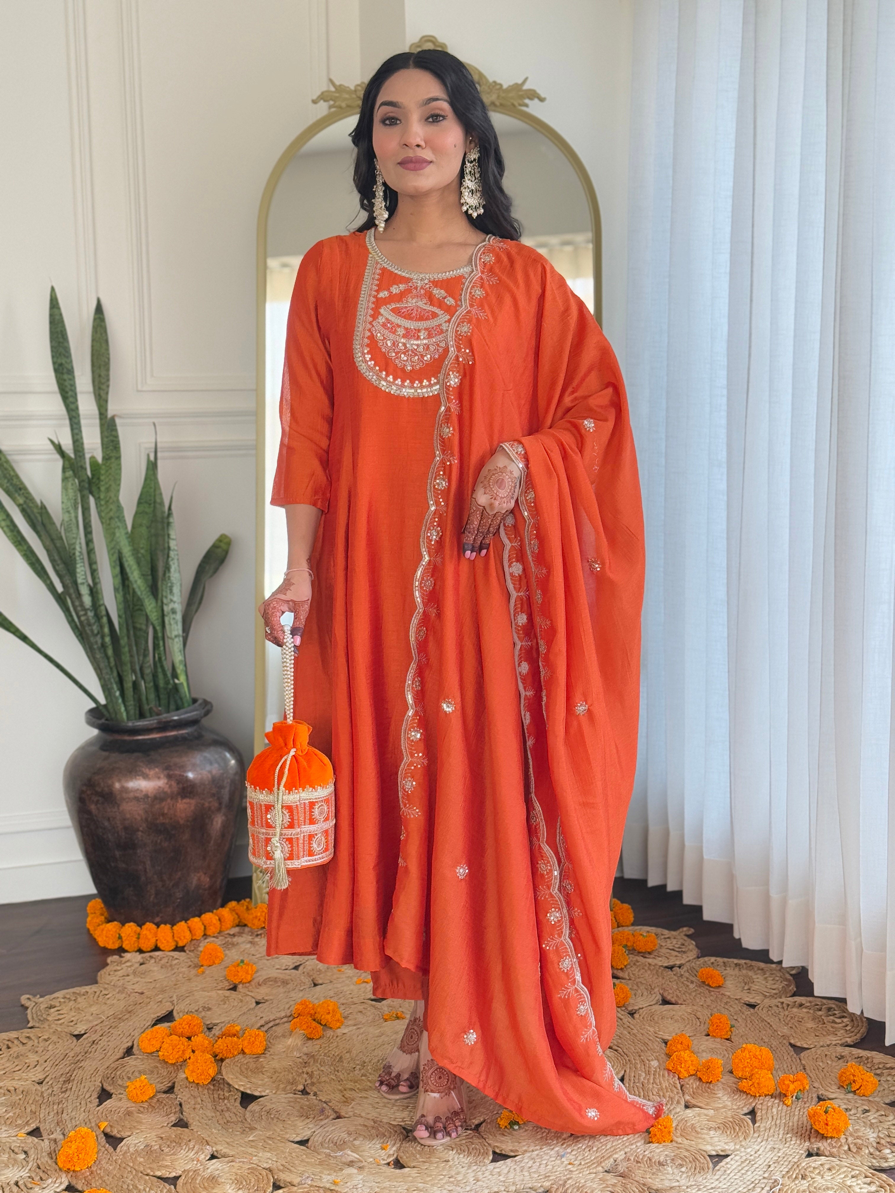 Women’s Orange Vichitra Silk Embroidered Kurta Set with Rayon Pant & Dupatta