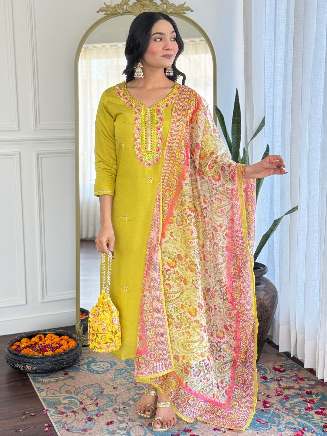 Women’s Yellow Rayon Embroidered Straight Kurta Set with Pant & Tabby Printed Dupatta
