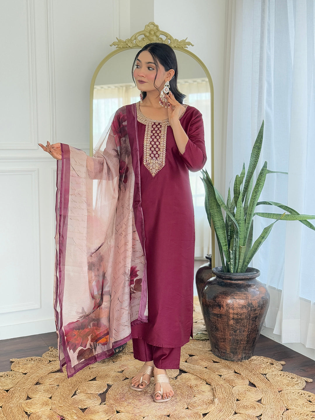 Women’s Maroon Rayon Embroidered Straight Kurta Set with Pant & Tabby Printed Dupatta