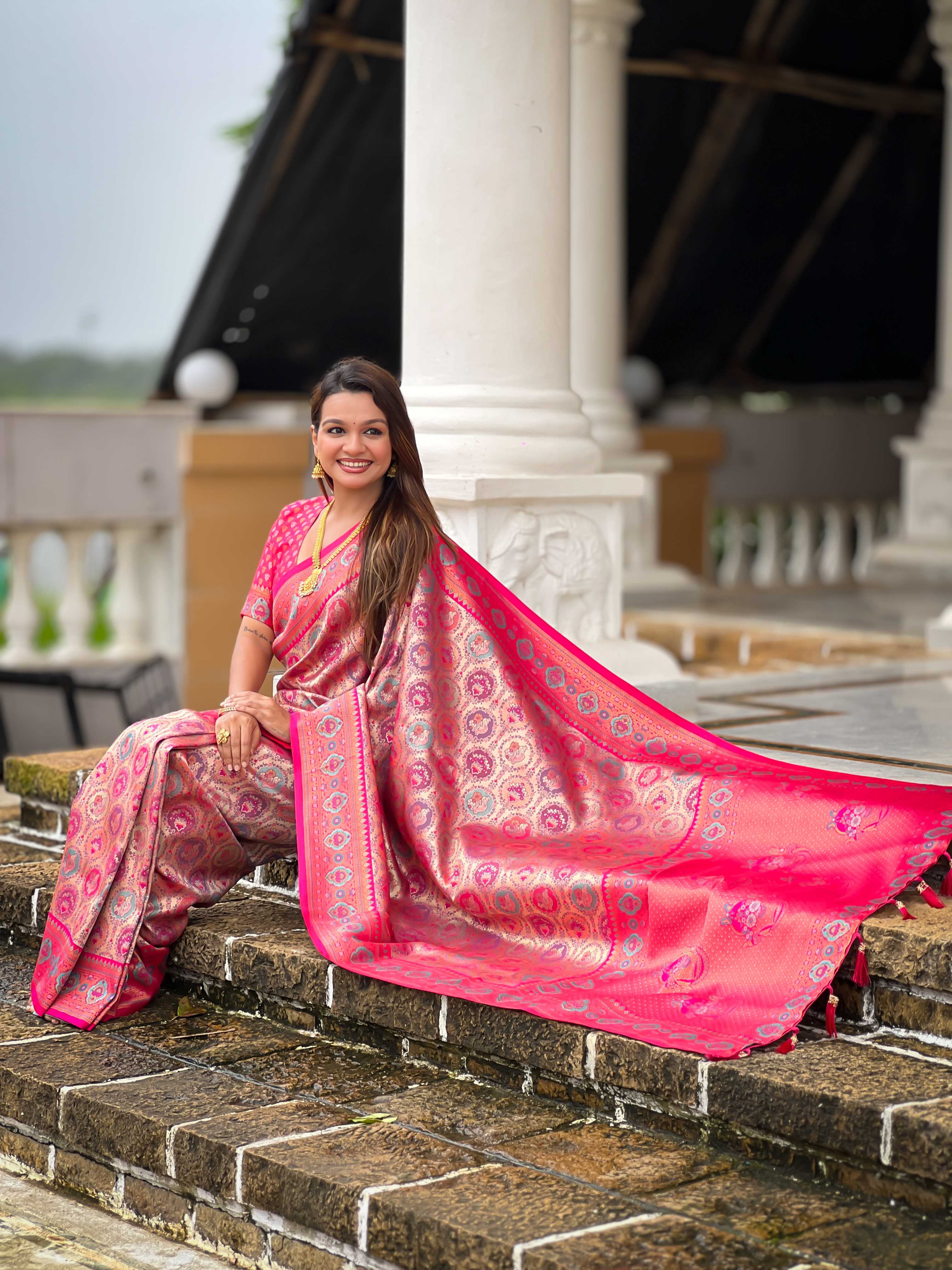 Pink Soft kanjivaram silk saree with zari weaving Meenakari design all over the saree & Meenakari weawing Rich pallu with Meenakari weawing swan border & tessels attached at Pallu End. Blouse :- Soft silk weawing blouse piece