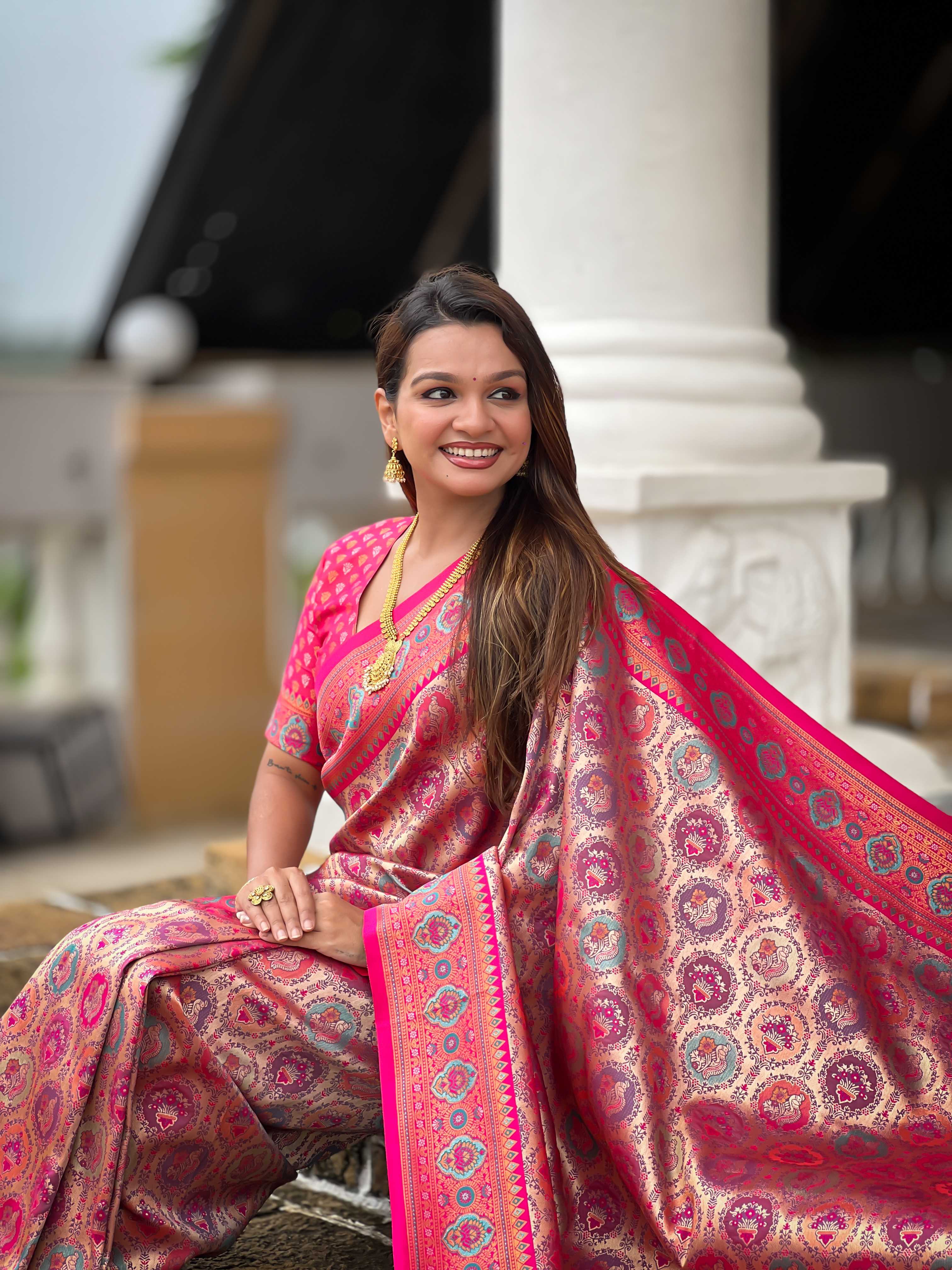 Pink Soft kanjivaram silk saree with zari weaving Meenakari design all over the saree & Meenakari weawing Rich pallu with Meenakari weawing swan border & tessels attached at Pallu End. Blouse :- Soft silk weawing blouse piece