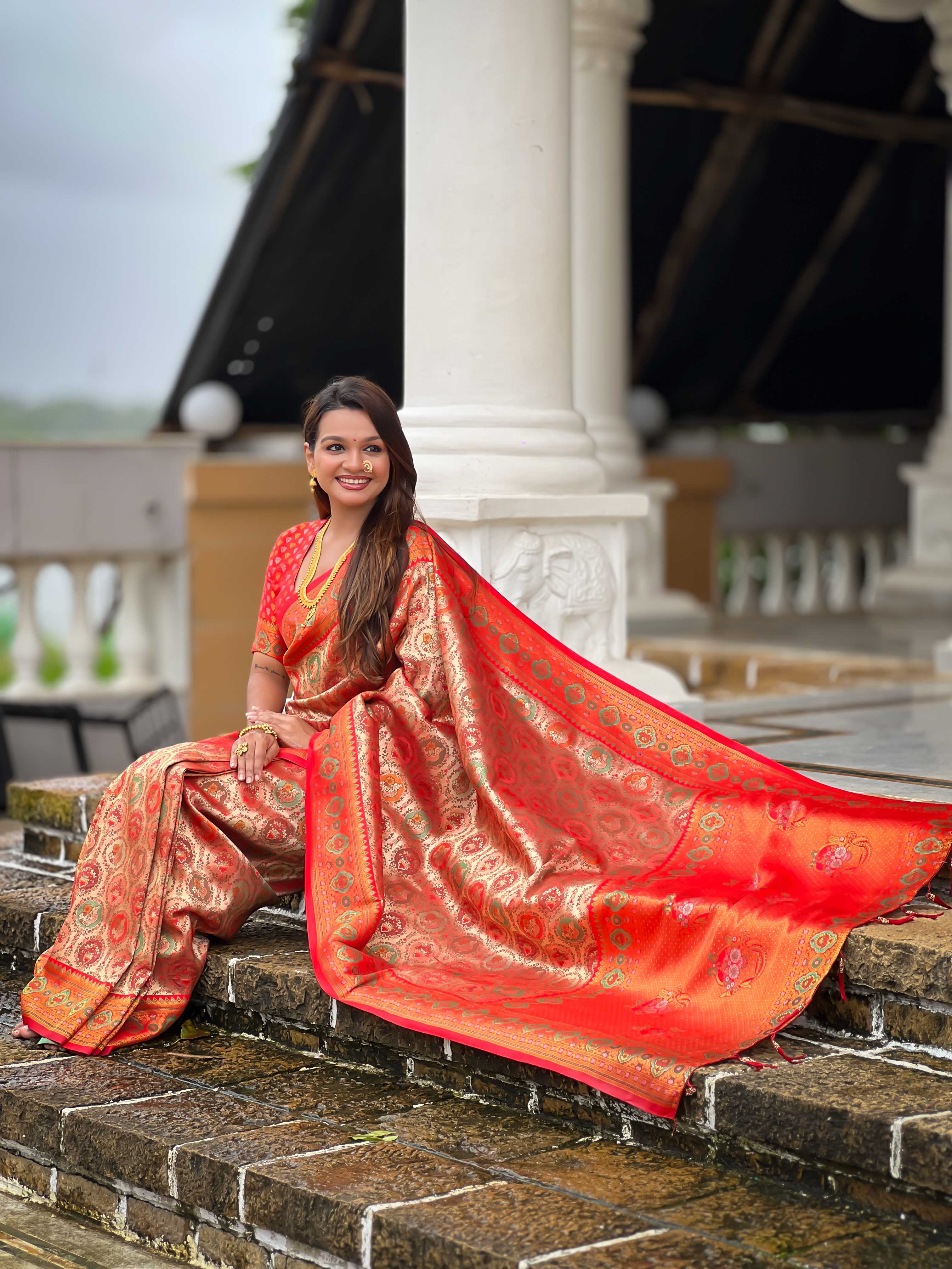Red Soft kanjivaram silk saree with zari weaving Meenakari design all over the saree & Meenakari weawing Rich pallu with Meenakari weawing swan border & tessels attached at Pallu End. Blouse :- Soft silk weawing blouse piece