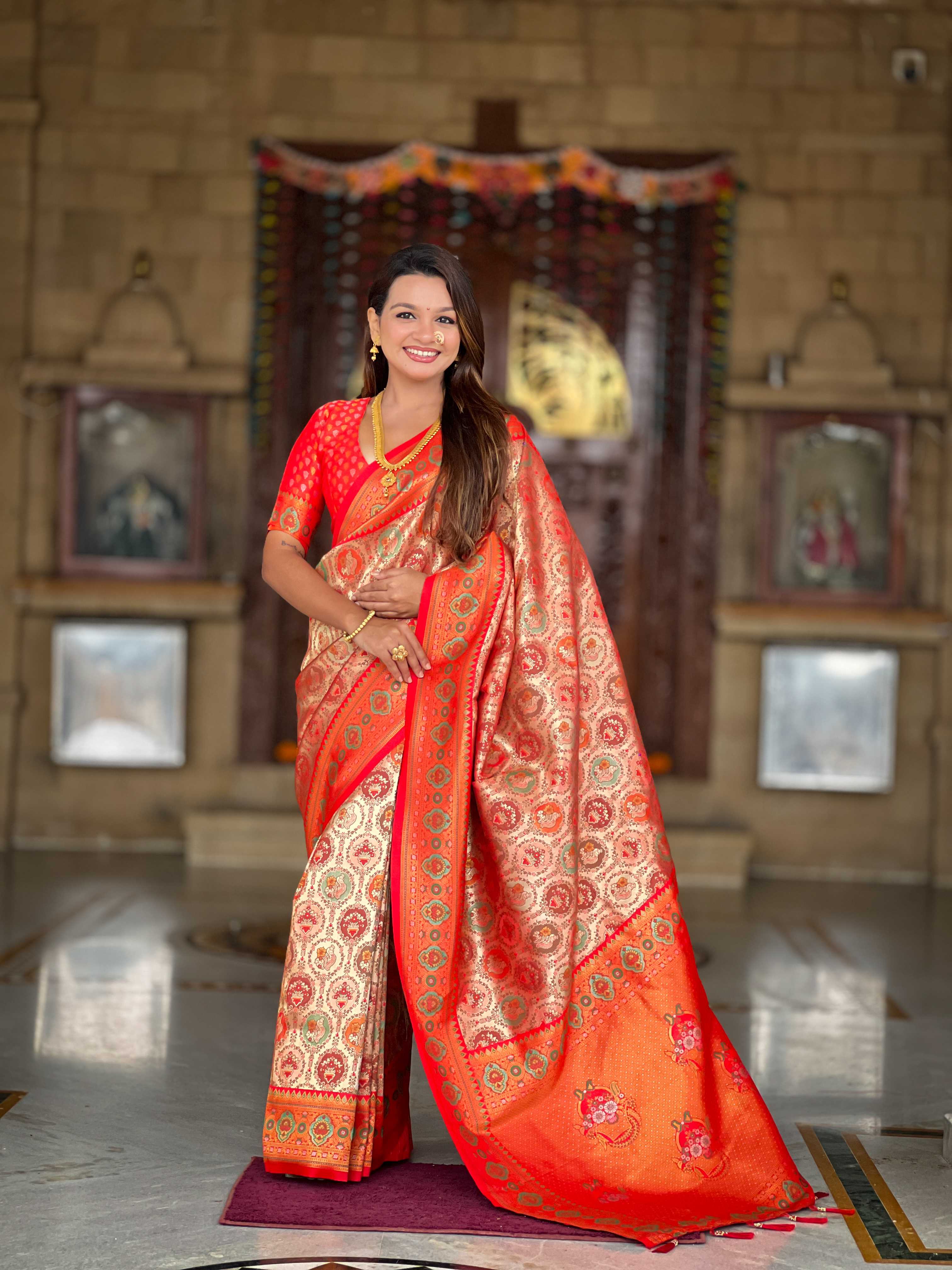 Red Soft kanjivaram silk saree with zari weaving Meenakari design all over the saree & Meenakari weawing Rich pallu with Meenakari weawing swan border & tessels attached at Pallu End. Blouse :- Soft silk weawing blouse piece
