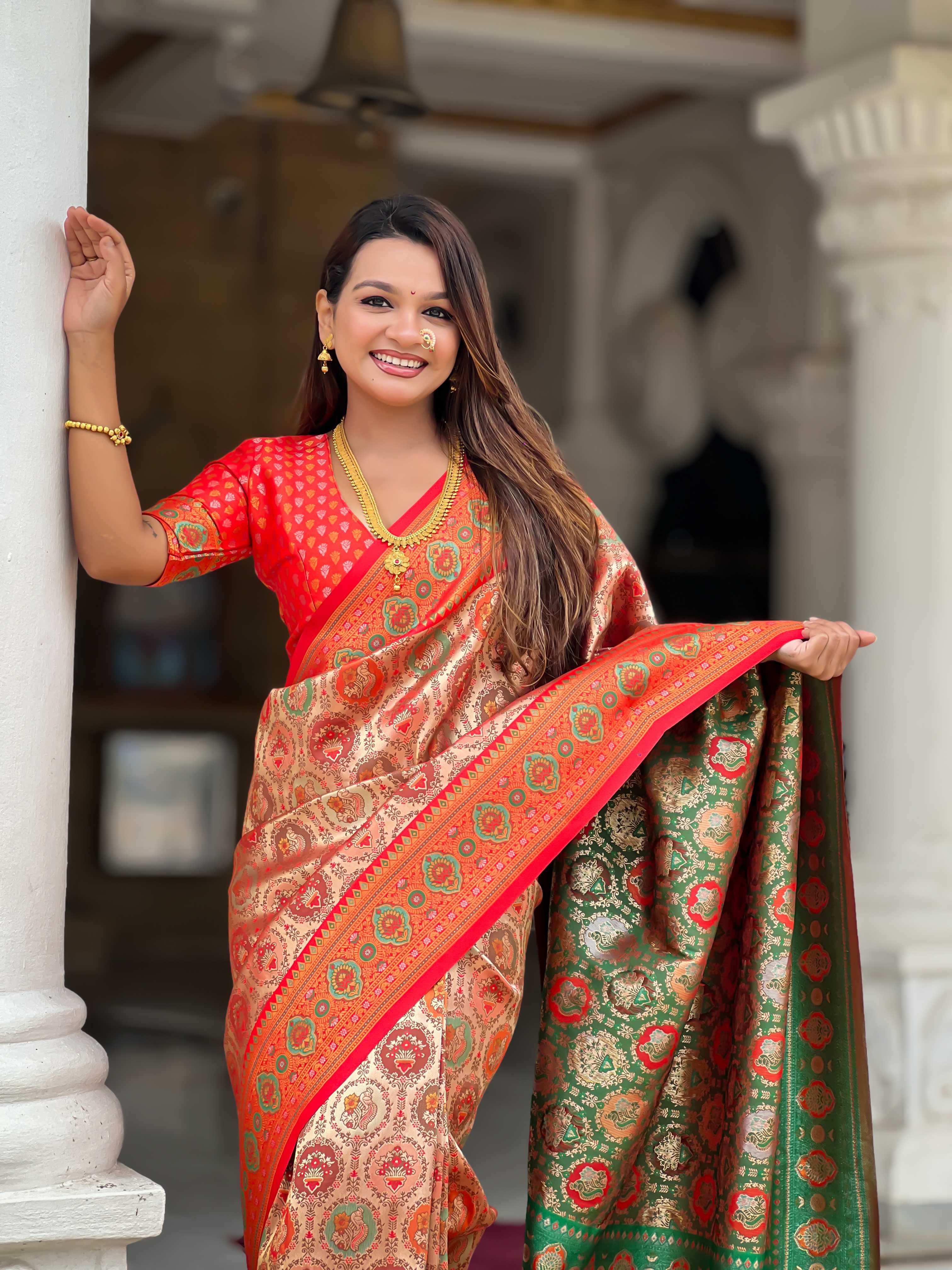 Red Soft kanjivaram silk saree with zari weaving Meenakari design all over the saree & Meenakari weawing Rich pallu with Meenakari weawing swan border & tessels attached at Pallu End. Blouse :- Soft silk weawing blouse piece