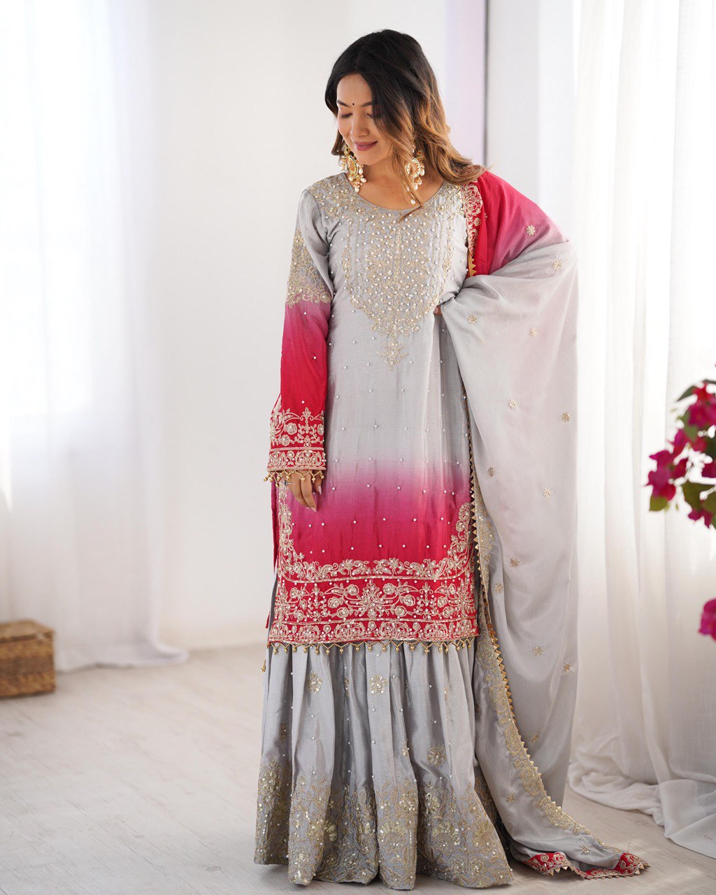 Women’s Grey Chinon Embroidered Salwar Suit with Dupatta – Elegant Ethnic Wear