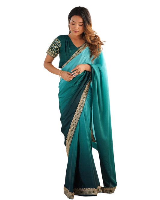 Women's Rama Embroidered Chinon Saree With Unstiched Blouse Piece