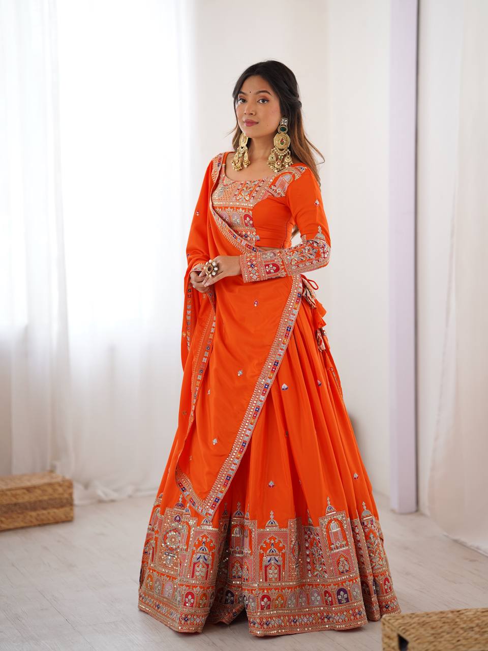 Orange Semi-Stitched Natural Silk Embroidered Lehenga Choli Set – A Perfect Blend of Tradition, Elegance & Timeless Craftsmanship