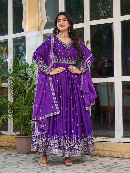 Purple American Silk Embroidered Anarkali Gown Set With Dupatta & Pant