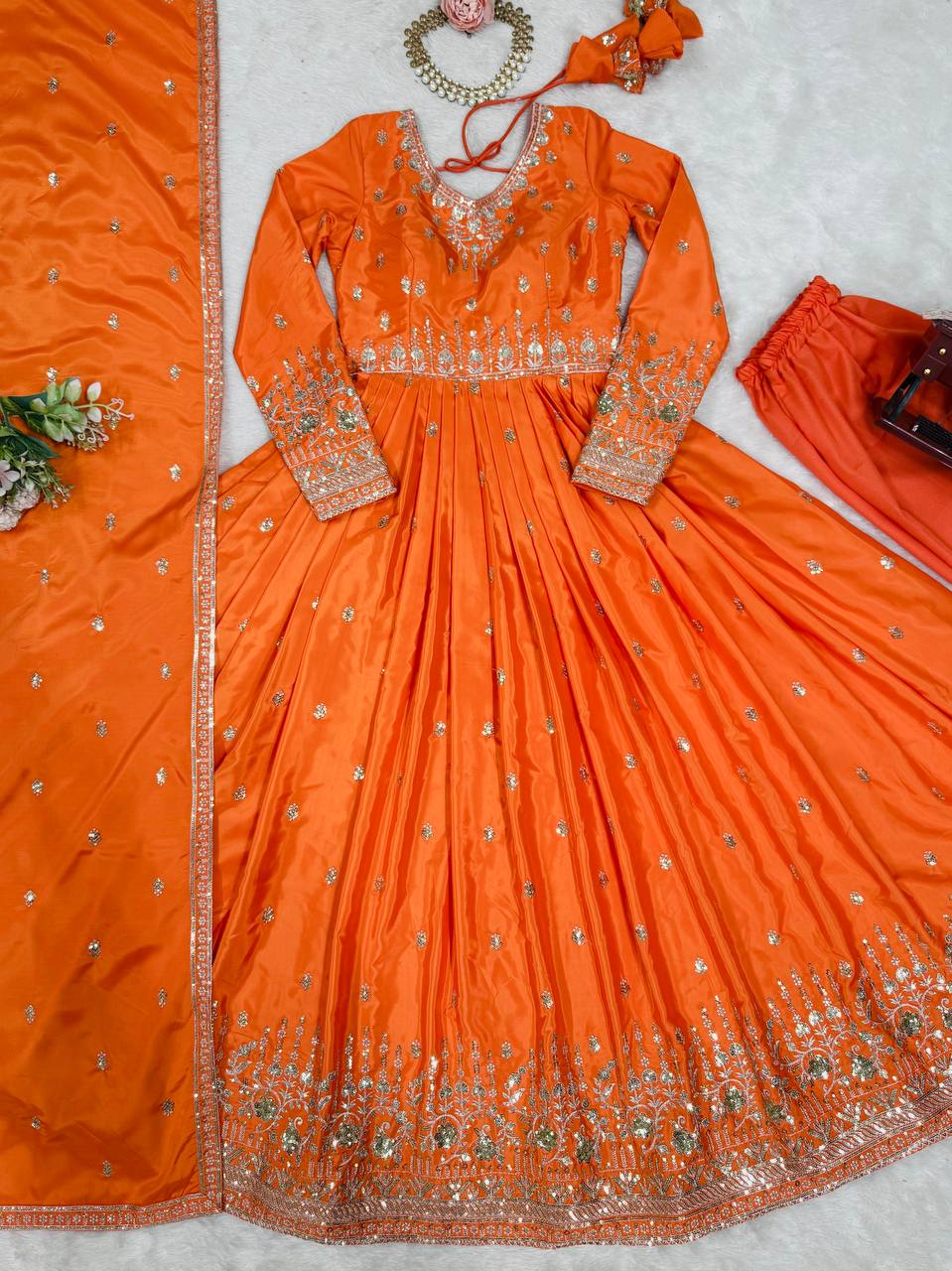 Orange American Silk Embroidered Anarkali Gown Set With Dupatta & Pant
