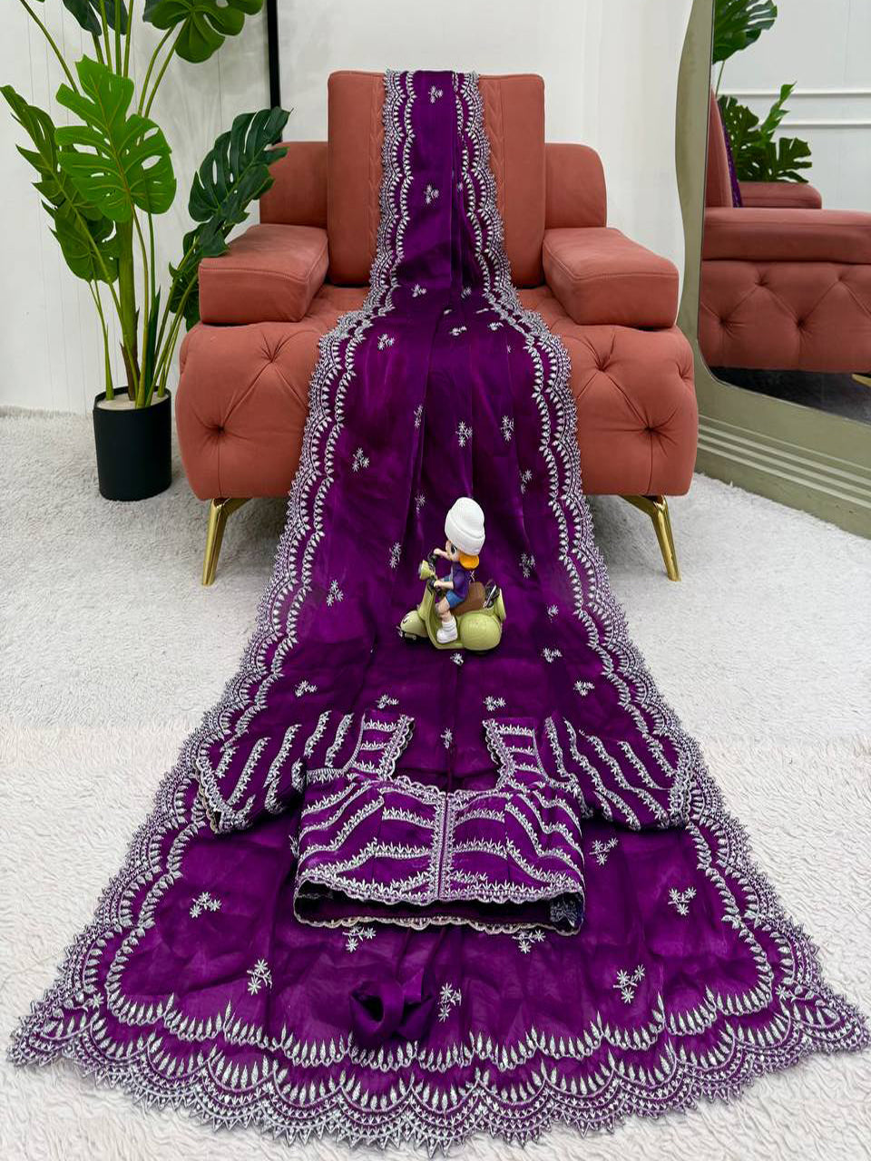 Wine Embroidered Saree With Unstiched Blouse Piece