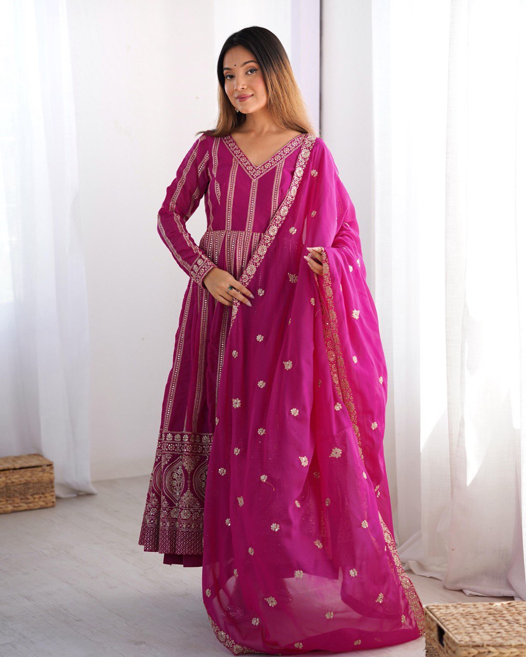 Women's Rani Pink Georgette Gown – Graceful Ethnic Wear for Festive & Party Occasions