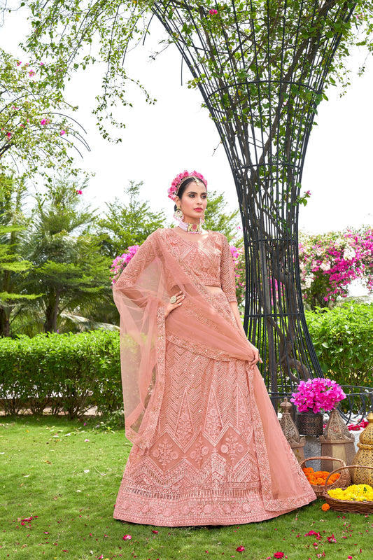Women’s Peach Lehenga Choli with Dupatta – Graceful Festive & Wedding Wear Semi-Stitched