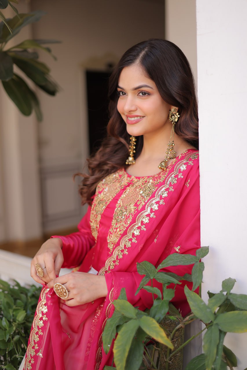 Premium Sequin Pink Embroidered Glass Roman Gown with Tabby Silk Dupatta | Festive & Wedding Wear 2026