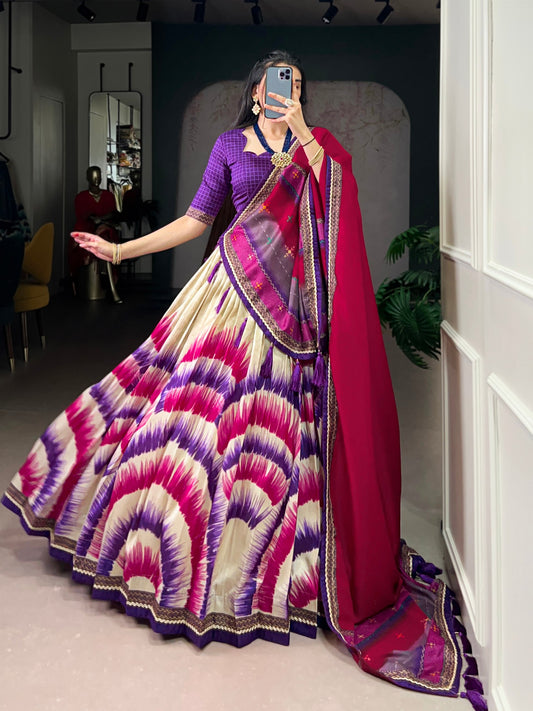Tasar Silk Luxury: Handcrafted Tie-Dye Lehenga for Royal Occasions(Purple)