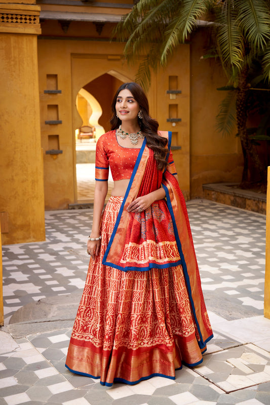 Premium Dola Silk Batik Print Lehenga Set with Zari Weaving Work ā Stitched Lehenga, Blouse & Dupatta(1252ROG)
