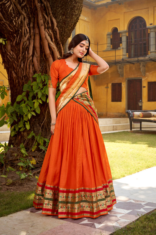 Orange Elegant Zari Weaving Paithani Lehenga With Blouse & Dupatta ā Festival Collection