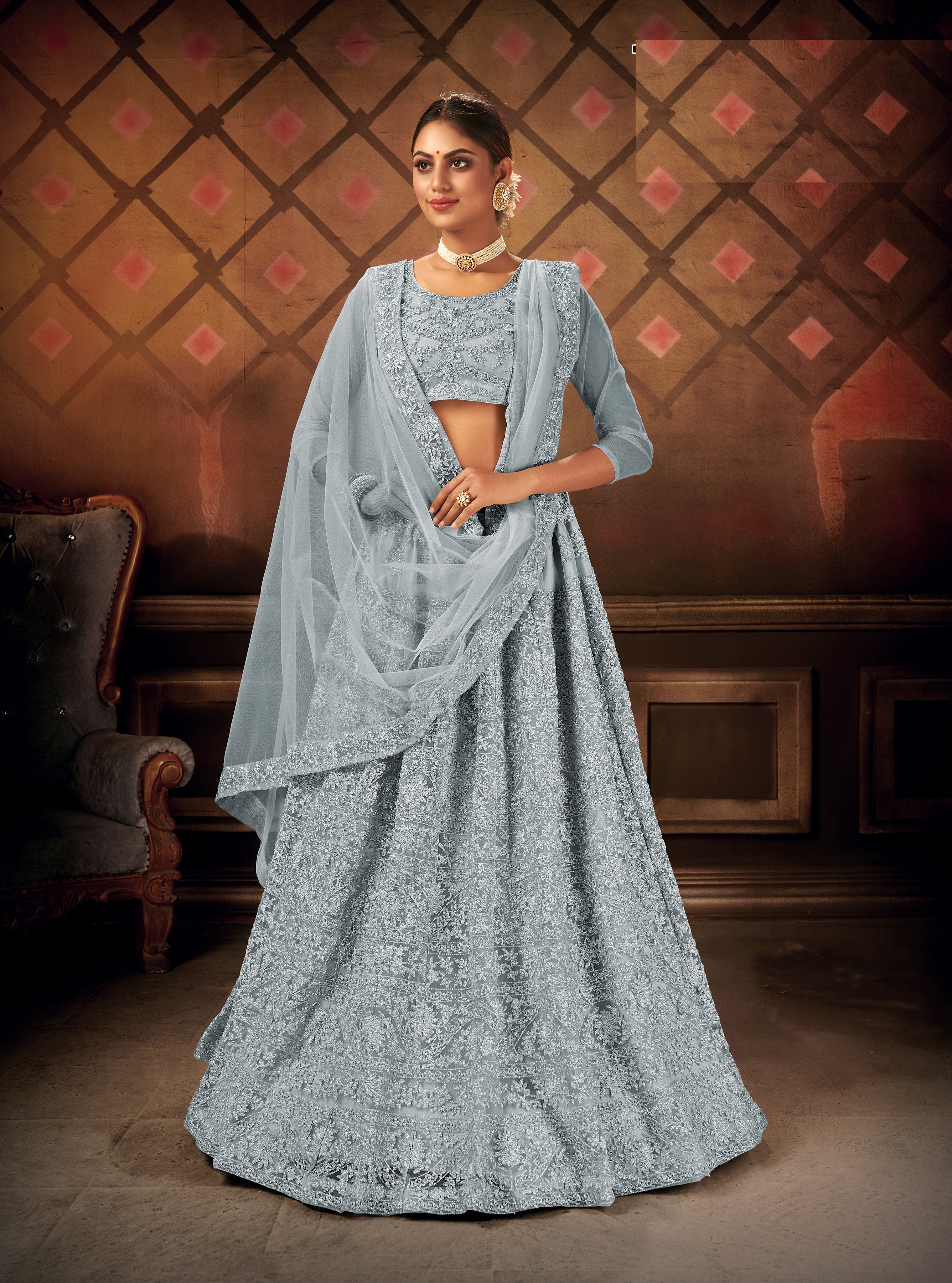 GREY EMBROIDERED NET SEMI STITCHED LEHENGA
