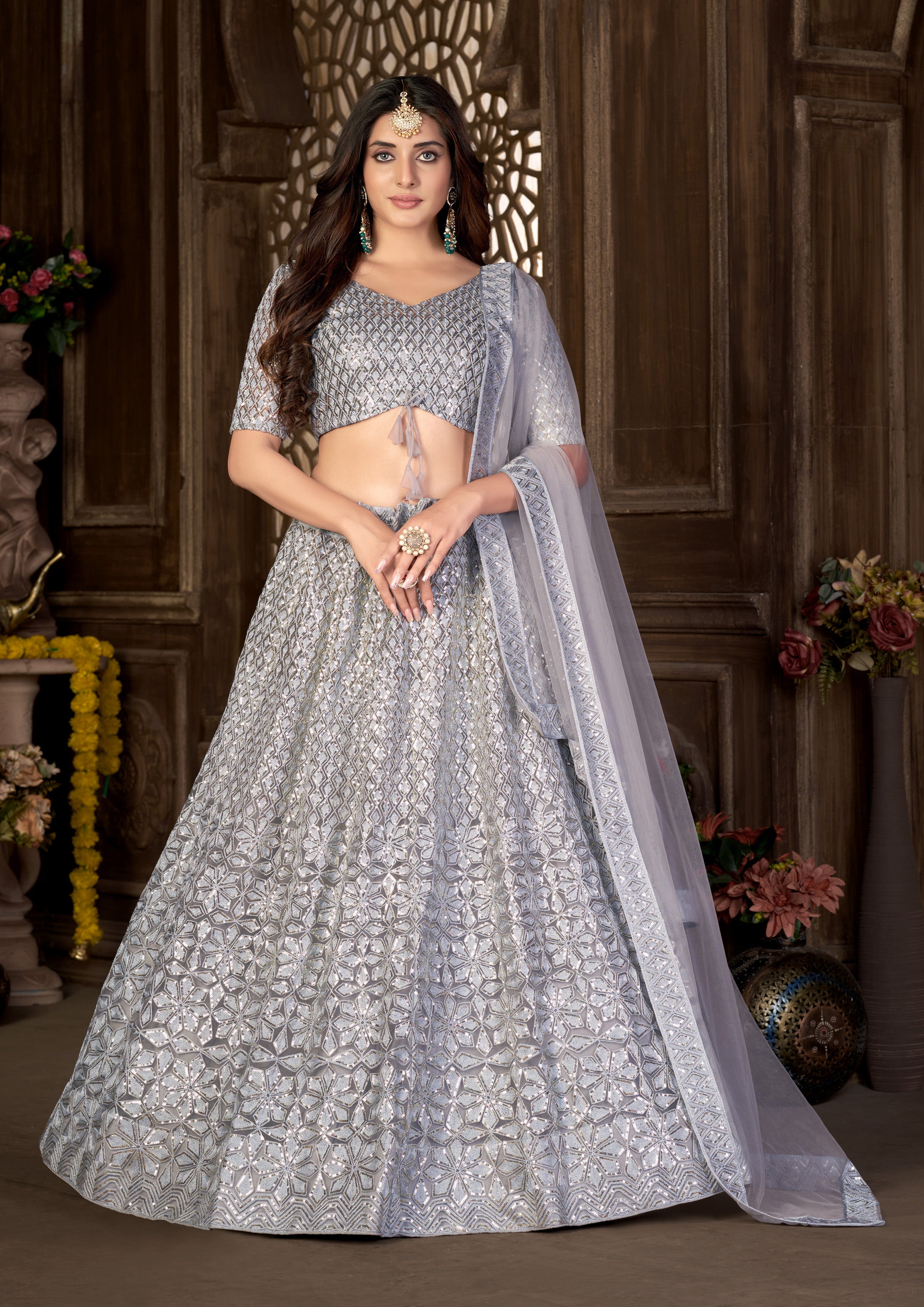 Grey Heavy Net With Sequence Embroidered Work Semi Stitch Lehenga Choli