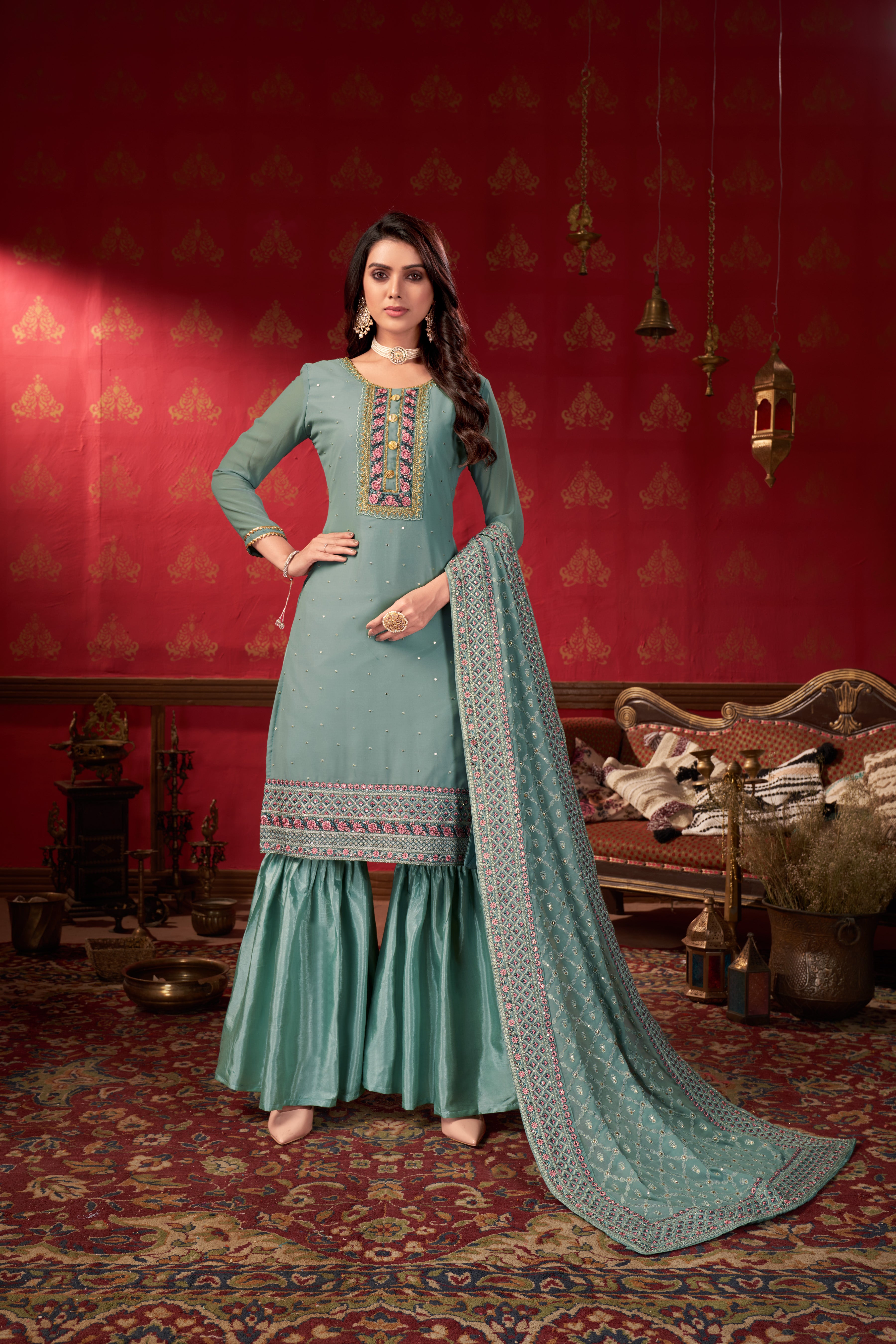 Women Georgette Heavy Embroidery Work Semi Stitch Dress Material.
