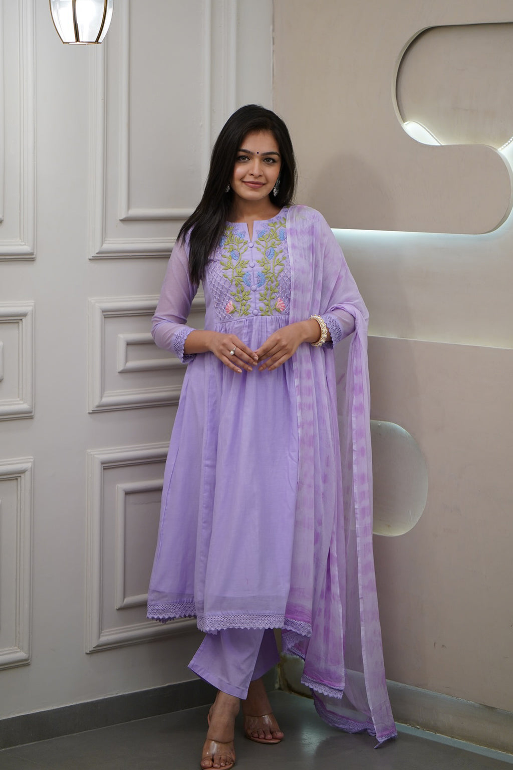 Women’s Lavender Festive Pure Georgette Suit with Detailed Embroidery Work