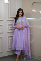 Women’s Lavender Festive Pure Georgette Suit with Detailed Embroidery Work