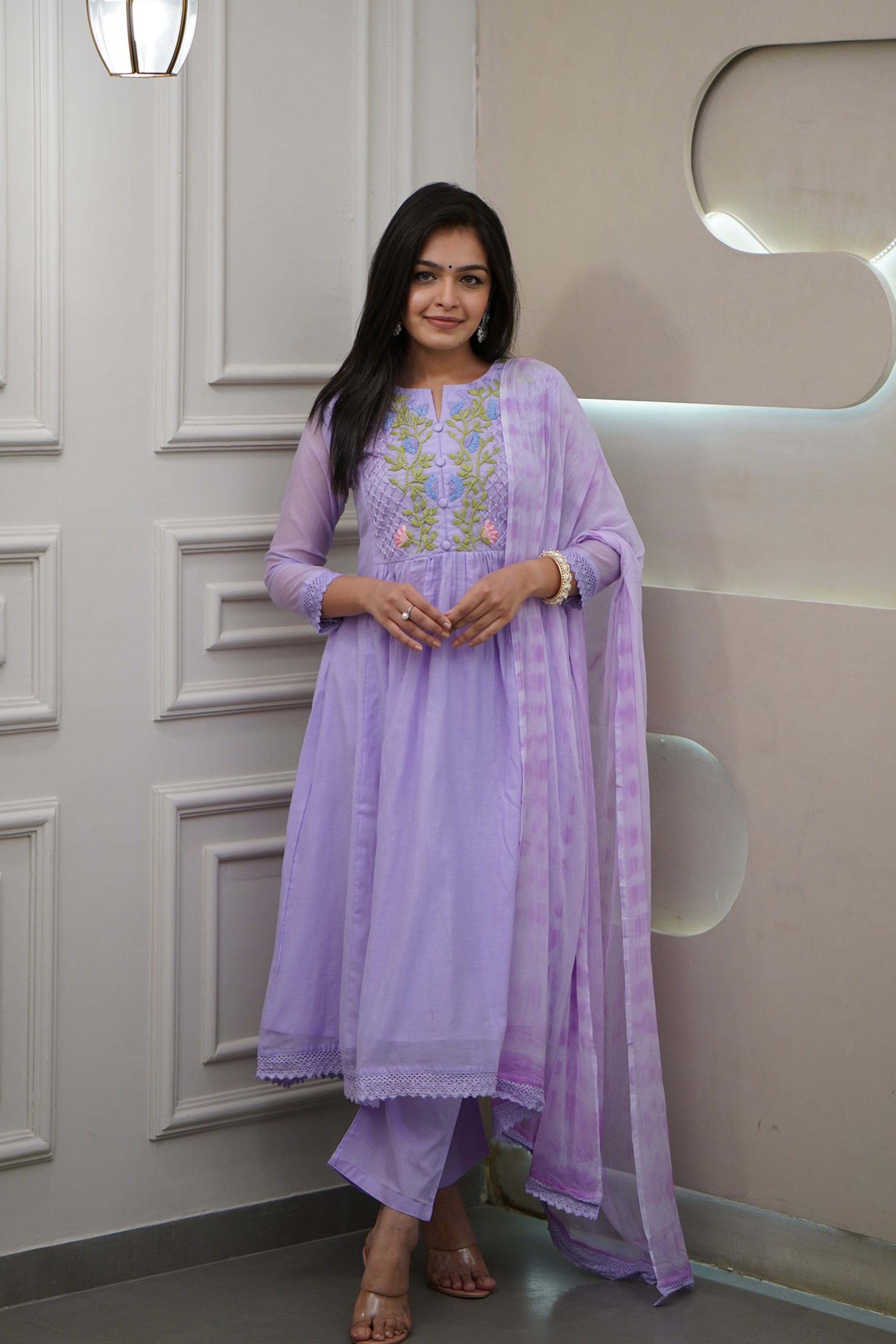 Women’s Lavender Festive Pure Georgette Suit with Detailed Embroidery Work