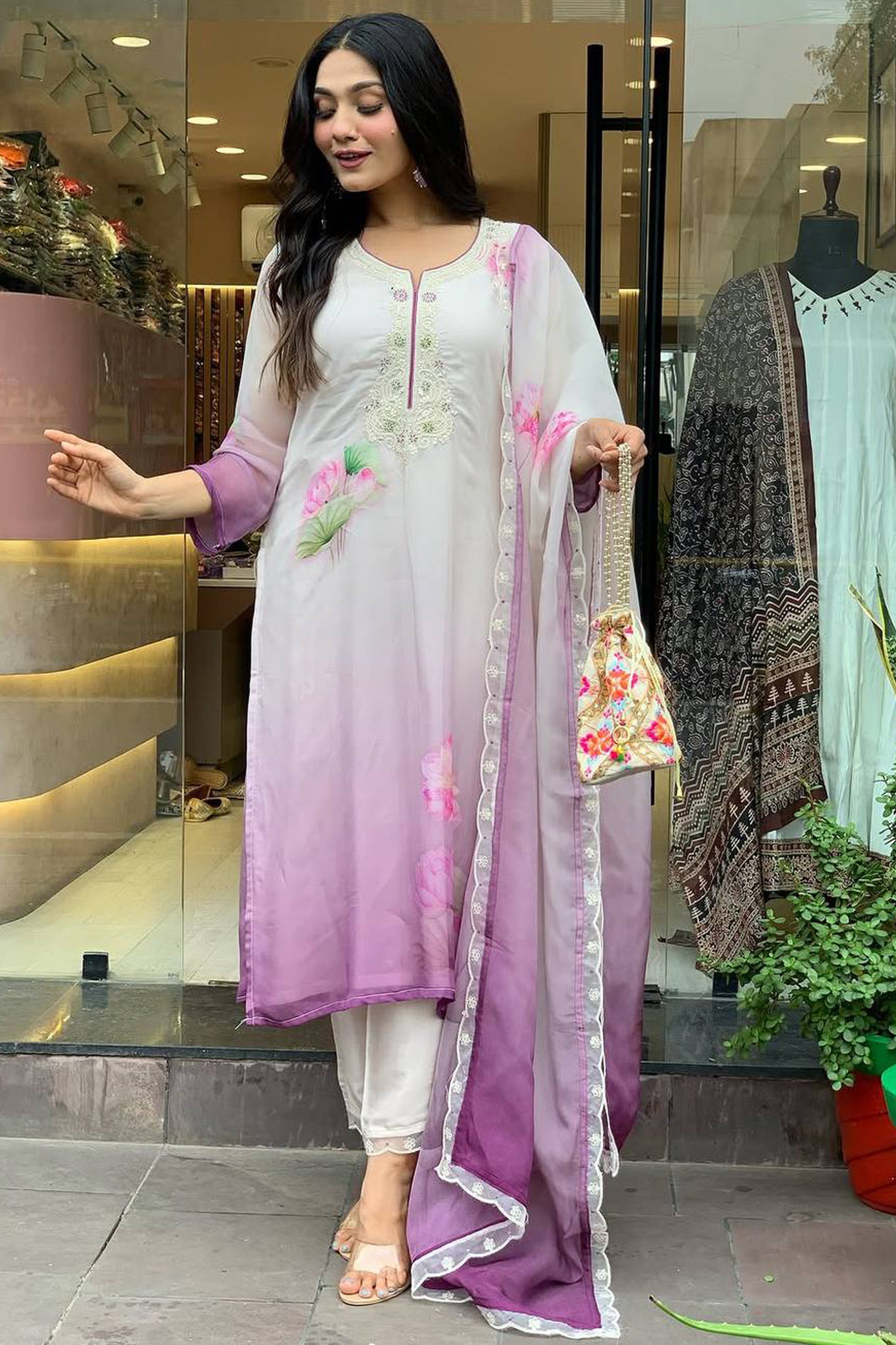 Women’s Lavender Pure Organza Tabby Suit with Sequin & Coding Embroidery Work