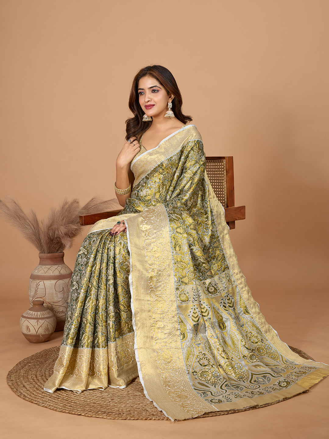 Elegance Redefined: Semi Silk Gold Green  Sarees in Vibrant Shades with Rich Zari Weave