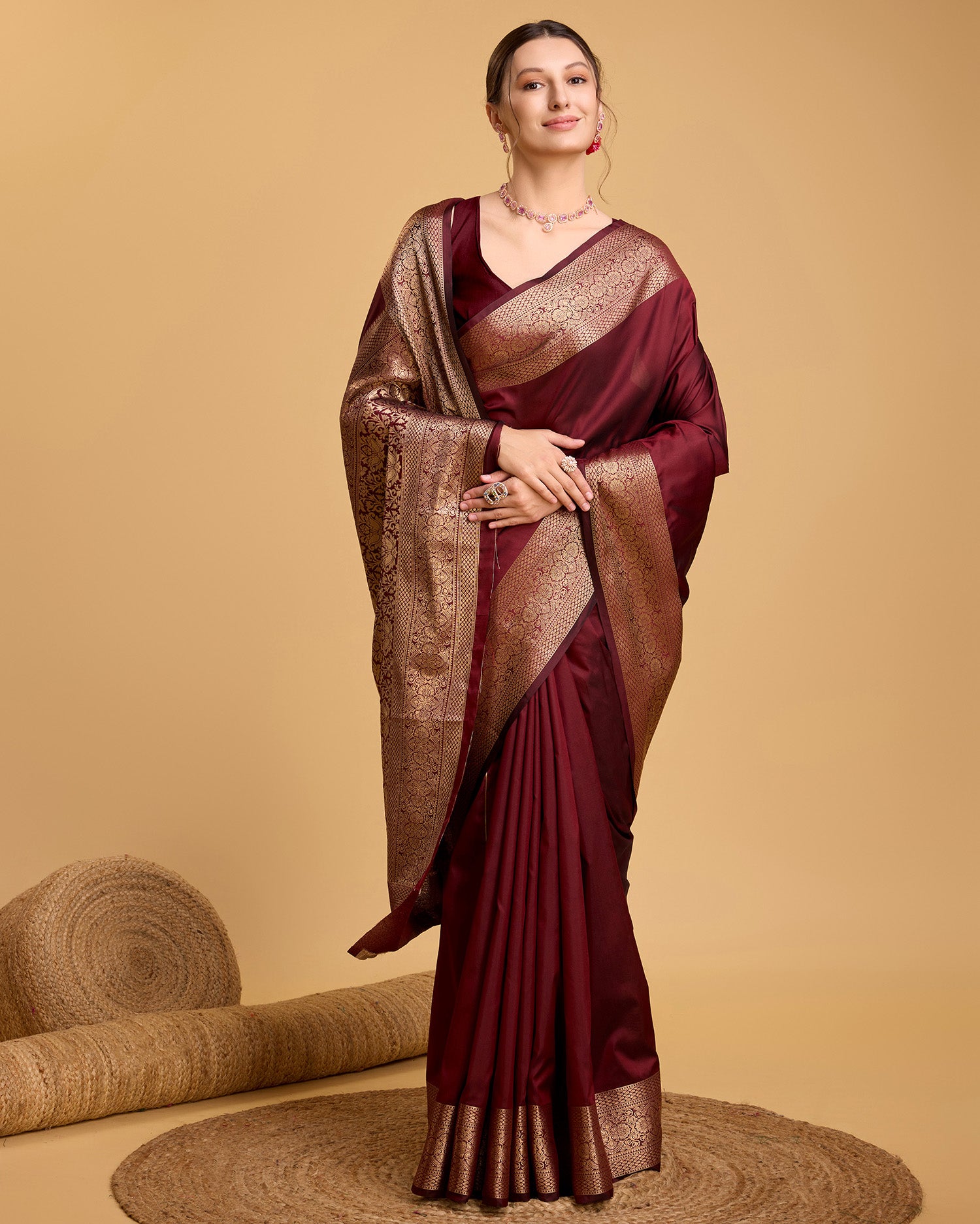 Maroon Banarasi Elegance Made Easy – Soft, Breathable Sarees for Wedding Glam