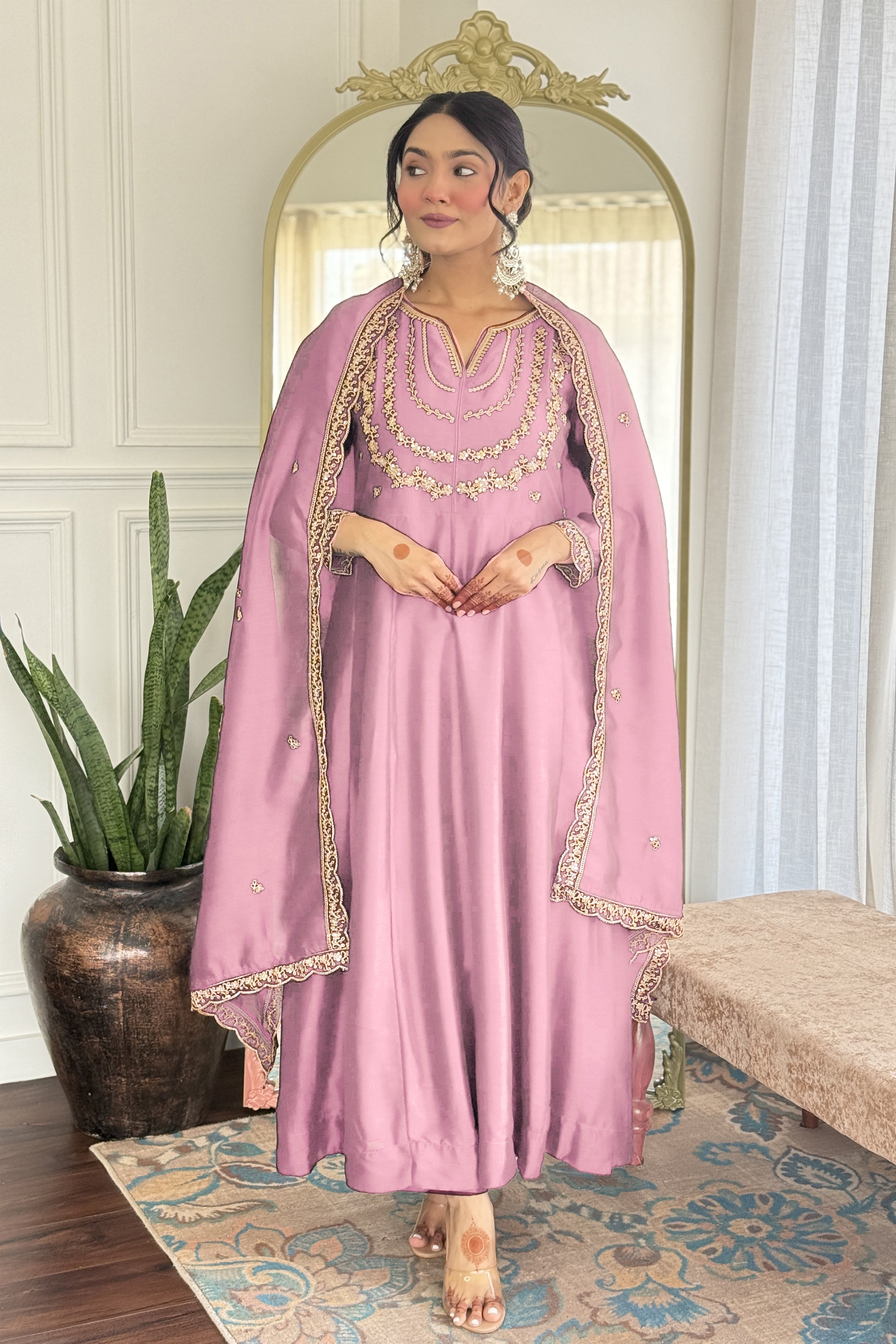 Women’s Pink Vichitra Silk Kurta Set with Sequin & Coding Embroidery Work