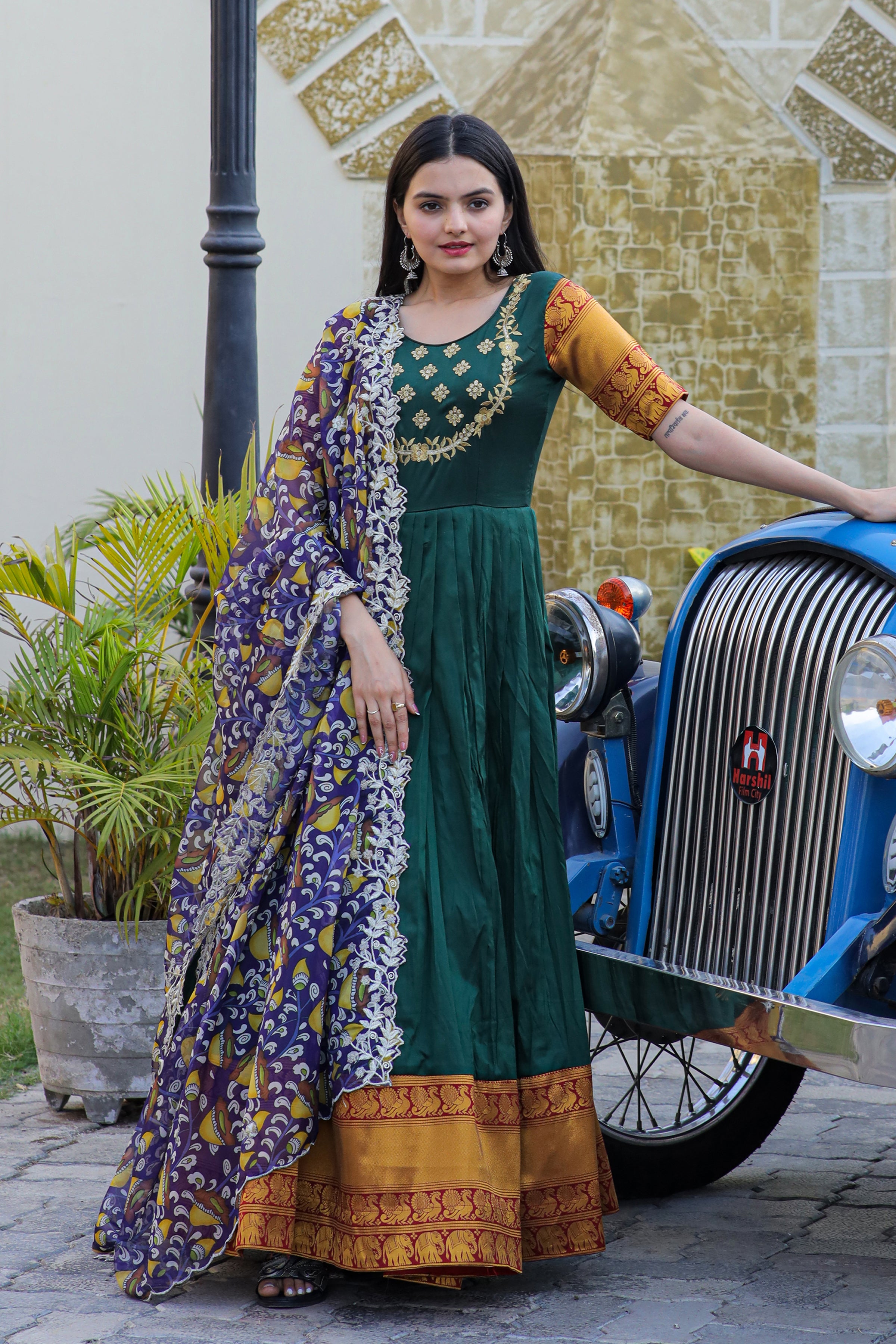 Women’s Green Silk Gown with Jacquard Weaving & Embroidery – Elegant Fusion Wear