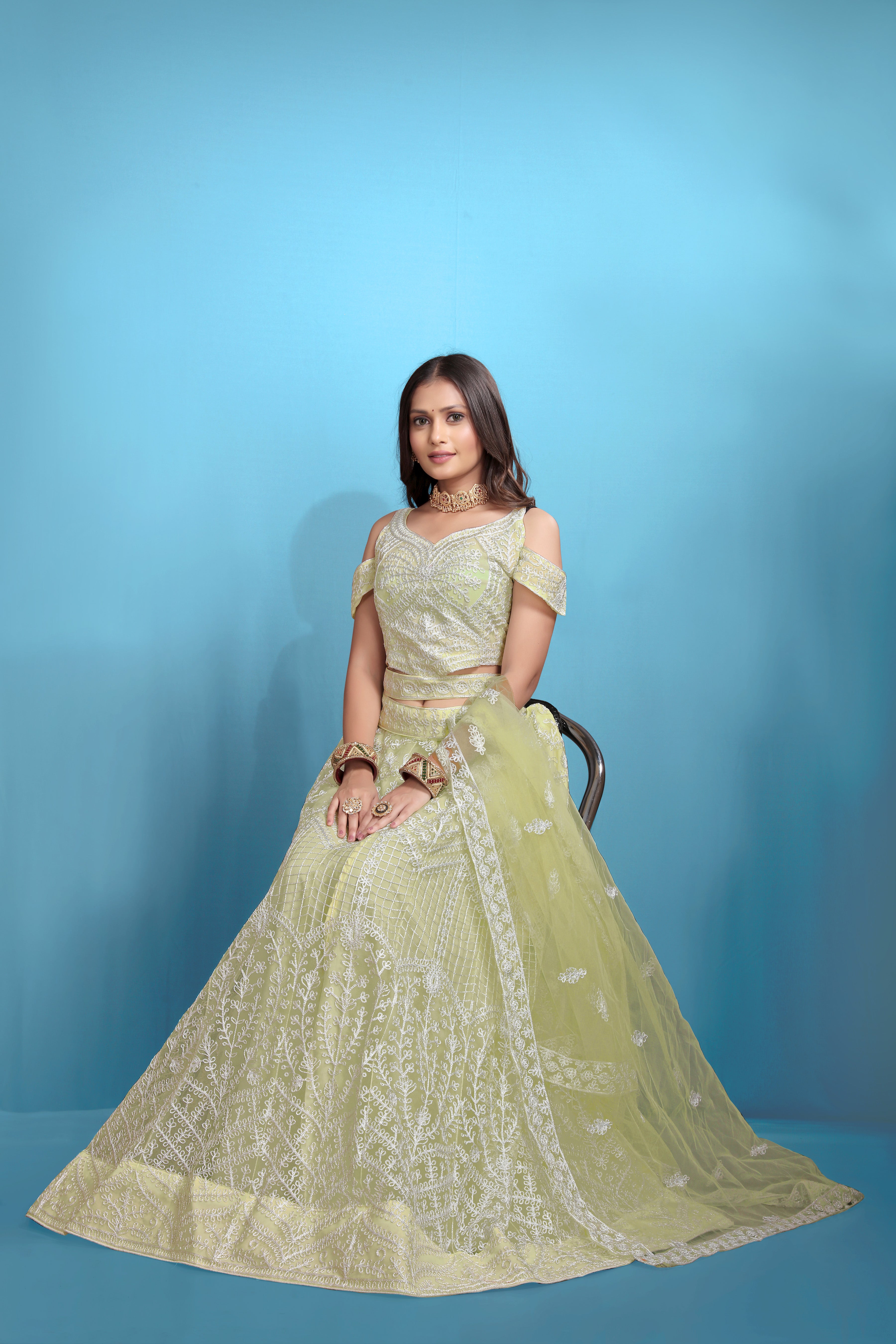 Sea Green Women’s Net Embroidered Lehenga Choli Set – Elegant Ethnic Wear for Festive & Wedding Occasions