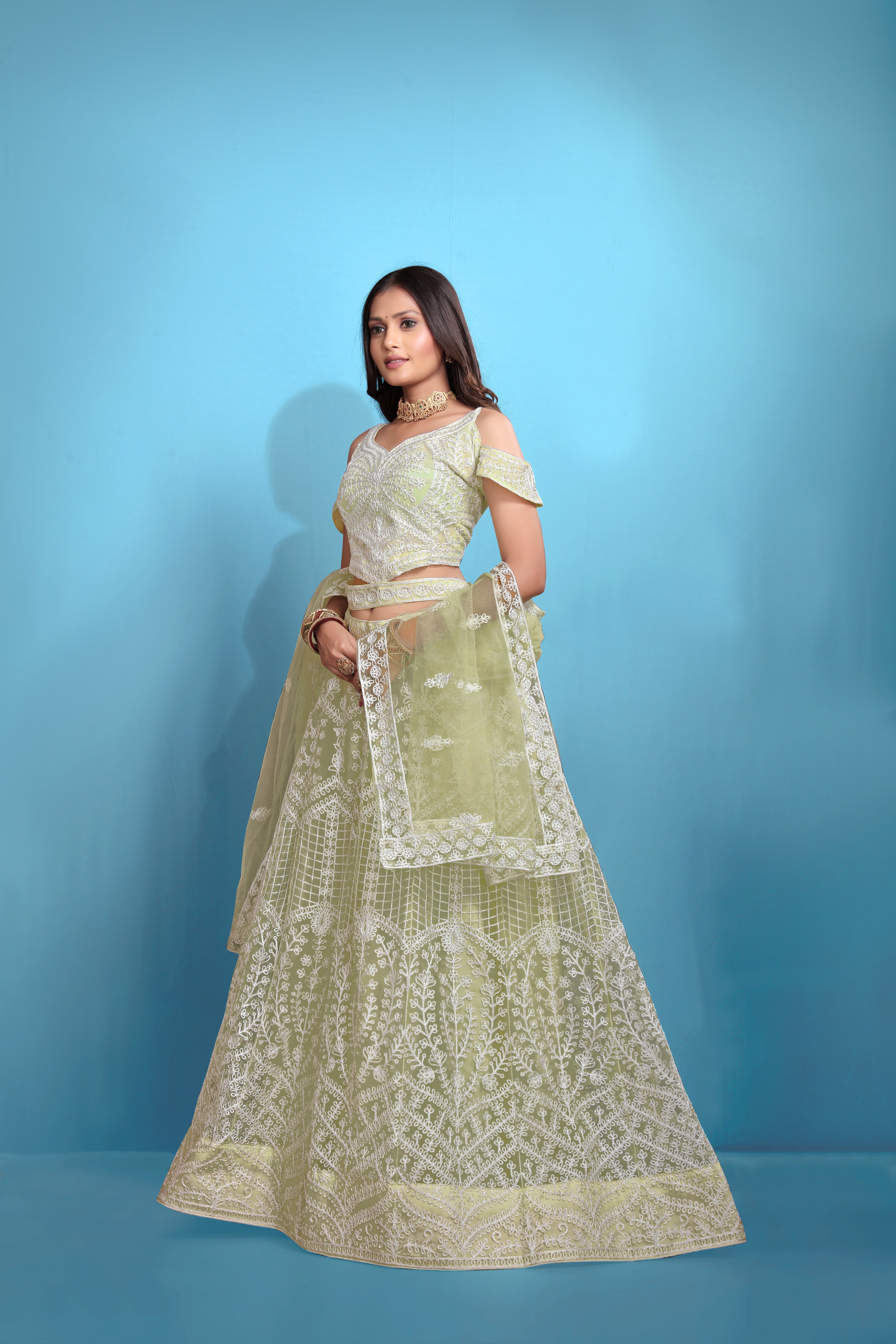Sea Green Women’s Net Embroidered Lehenga Choli Set – Elegant Ethnic Wear for Festive & Wedding Occasions