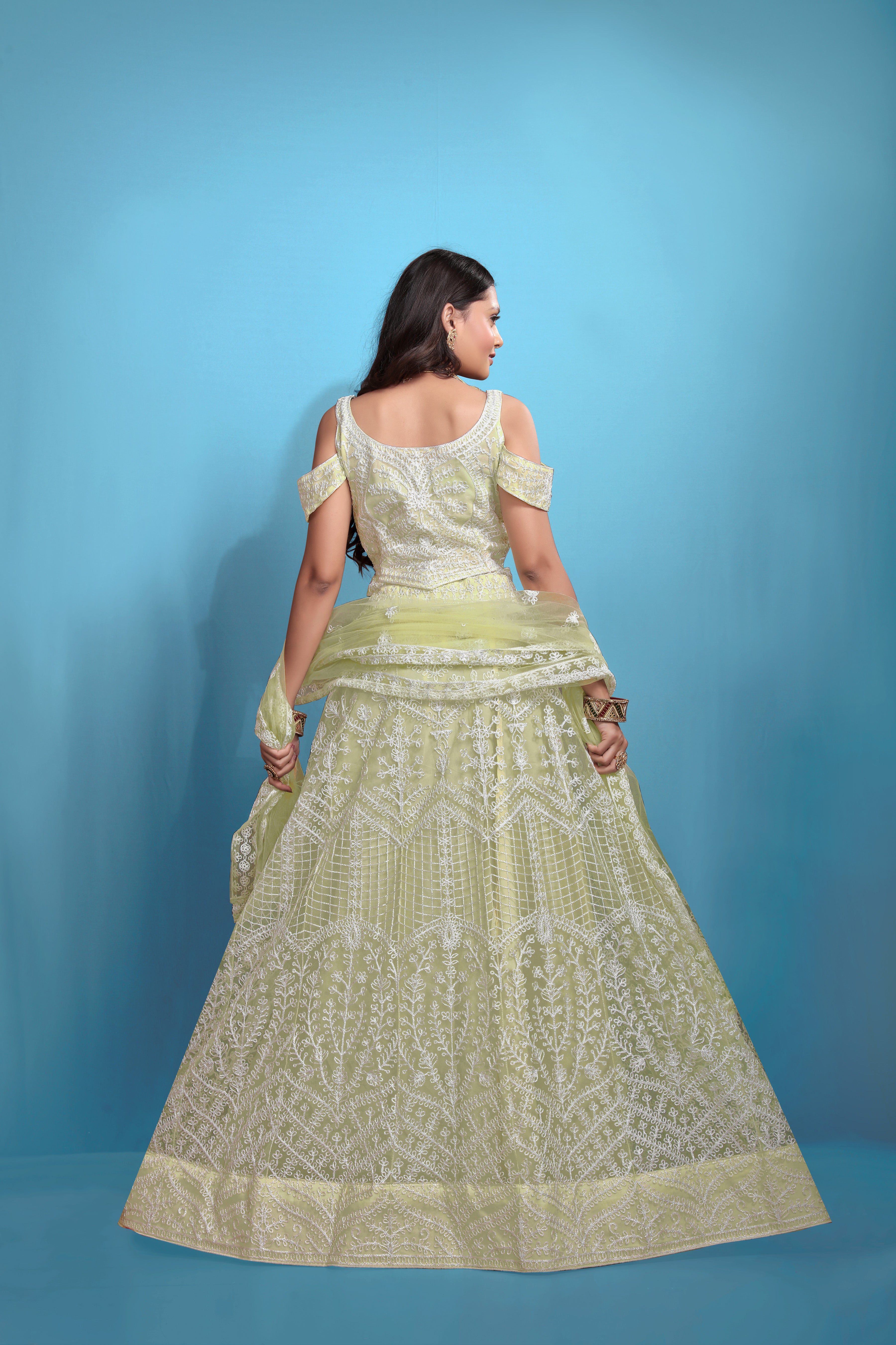 Sea Green Women’s Net Embroidered Lehenga Choli Set – Elegant Ethnic Wear for Festive & Wedding Occasions