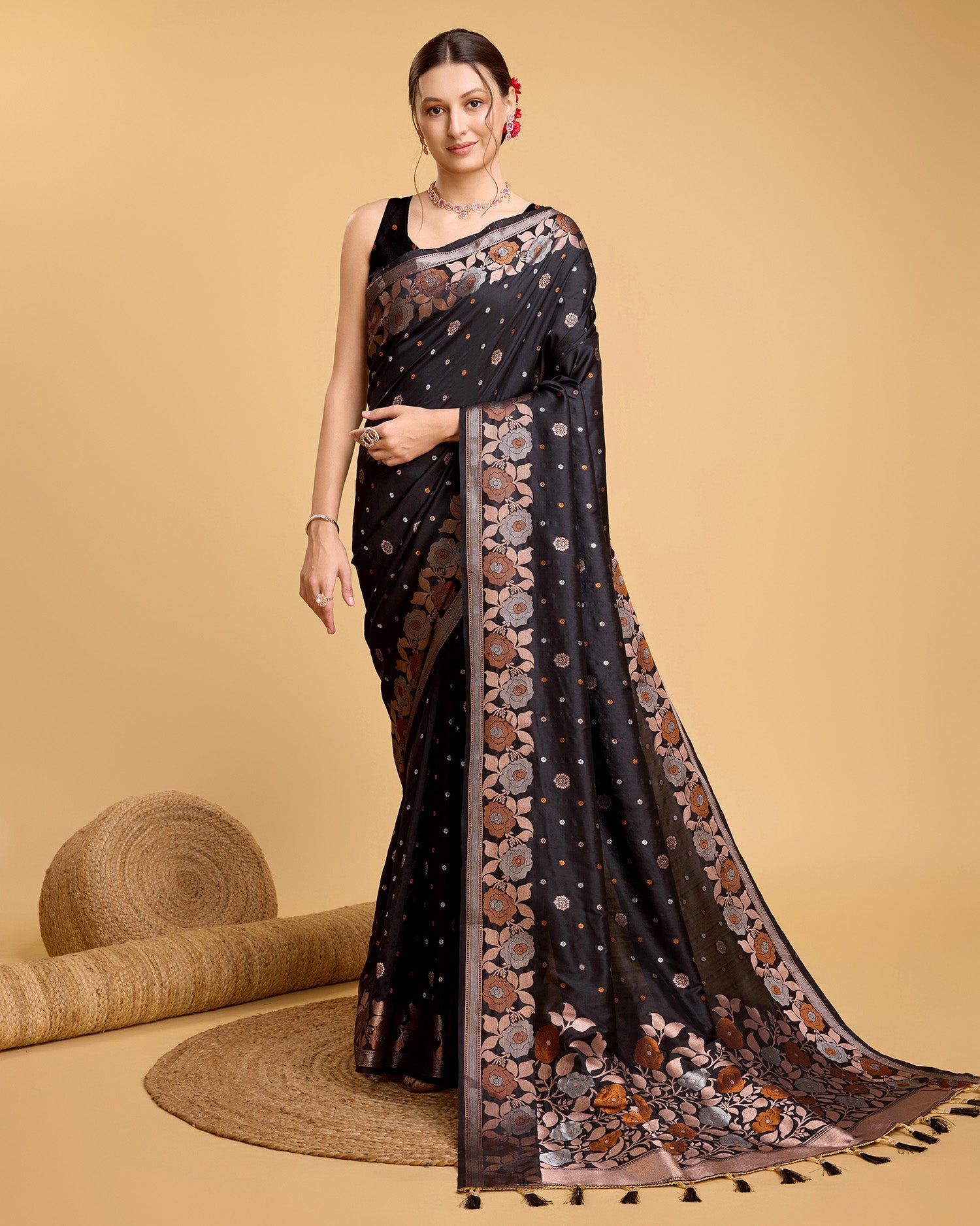Black Pure Jacquard Fabric with Sona Chandi Zari – Perfect for Bridal & Festive Ensembles