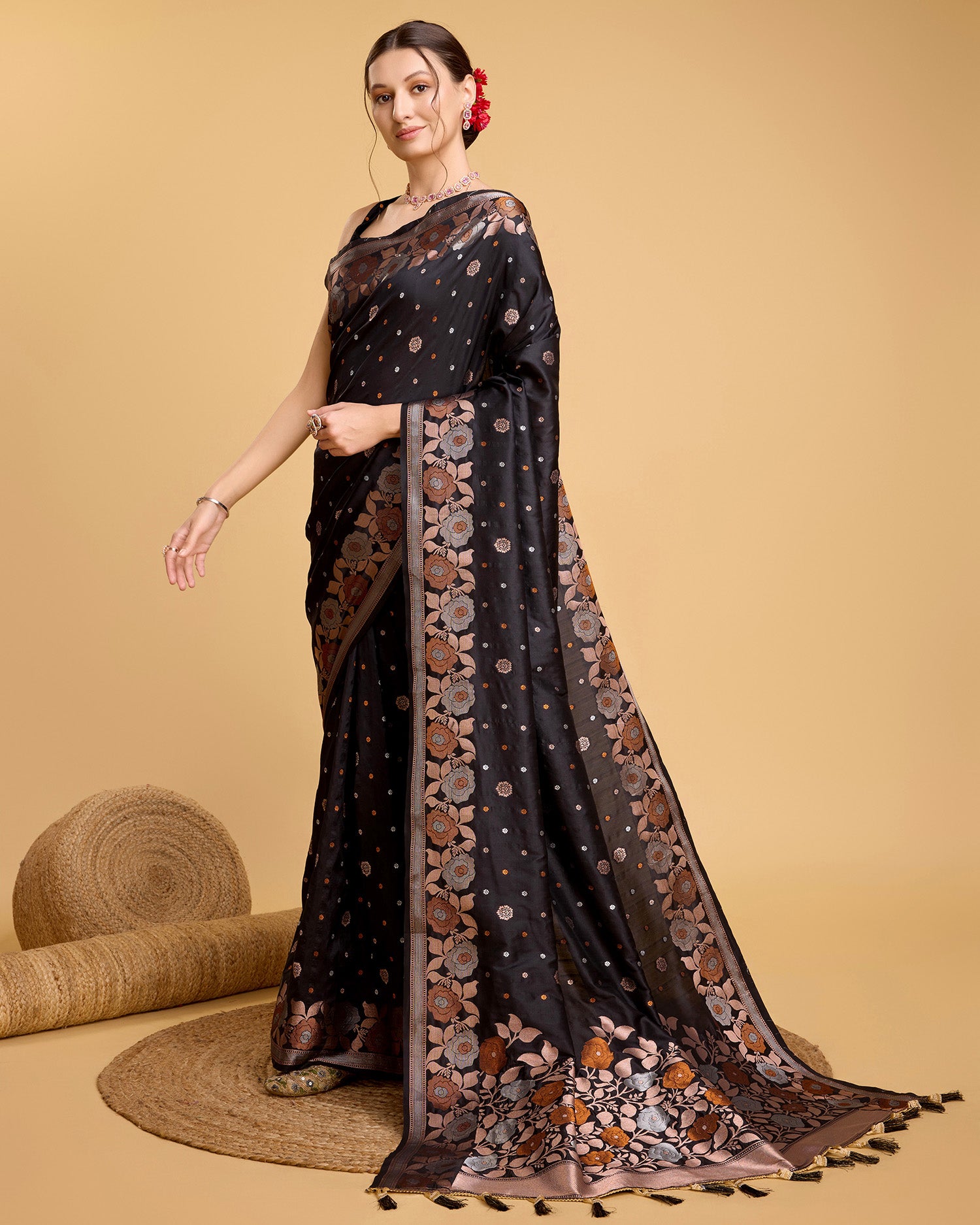 Black Pure Jacquard Fabric with Sona Chandi Zari – Perfect for Bridal & Festive Ensembles