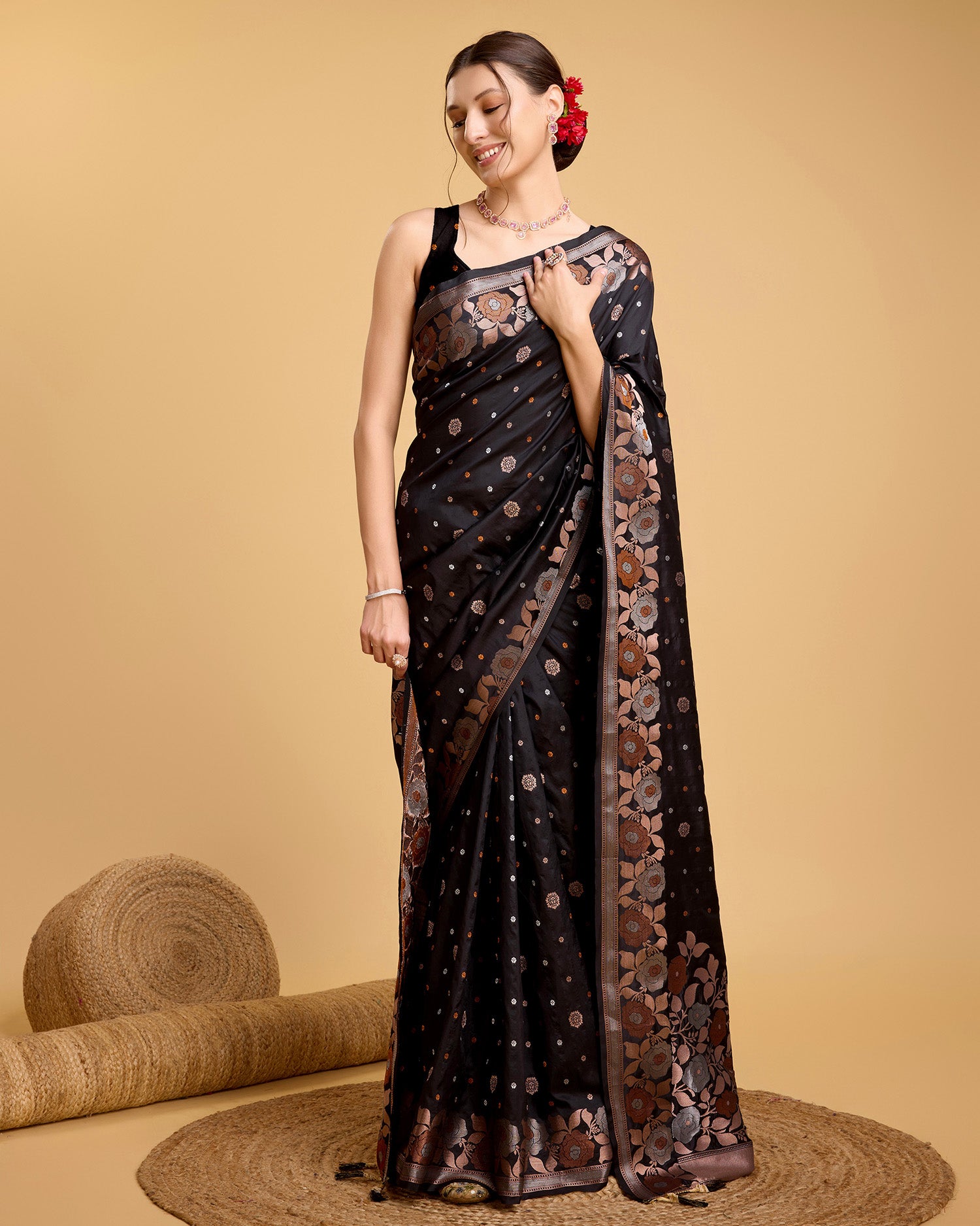 Black Pure Jacquard Fabric with Sona Chandi Zari – Perfect for Bridal & Festive Ensembles