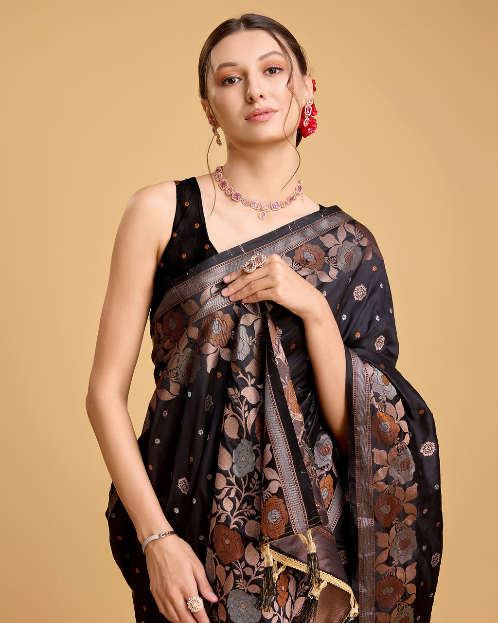 Black Pure Jacquard Fabric with Sona Chandi Zari – Perfect for Bridal & Festive Ensembles