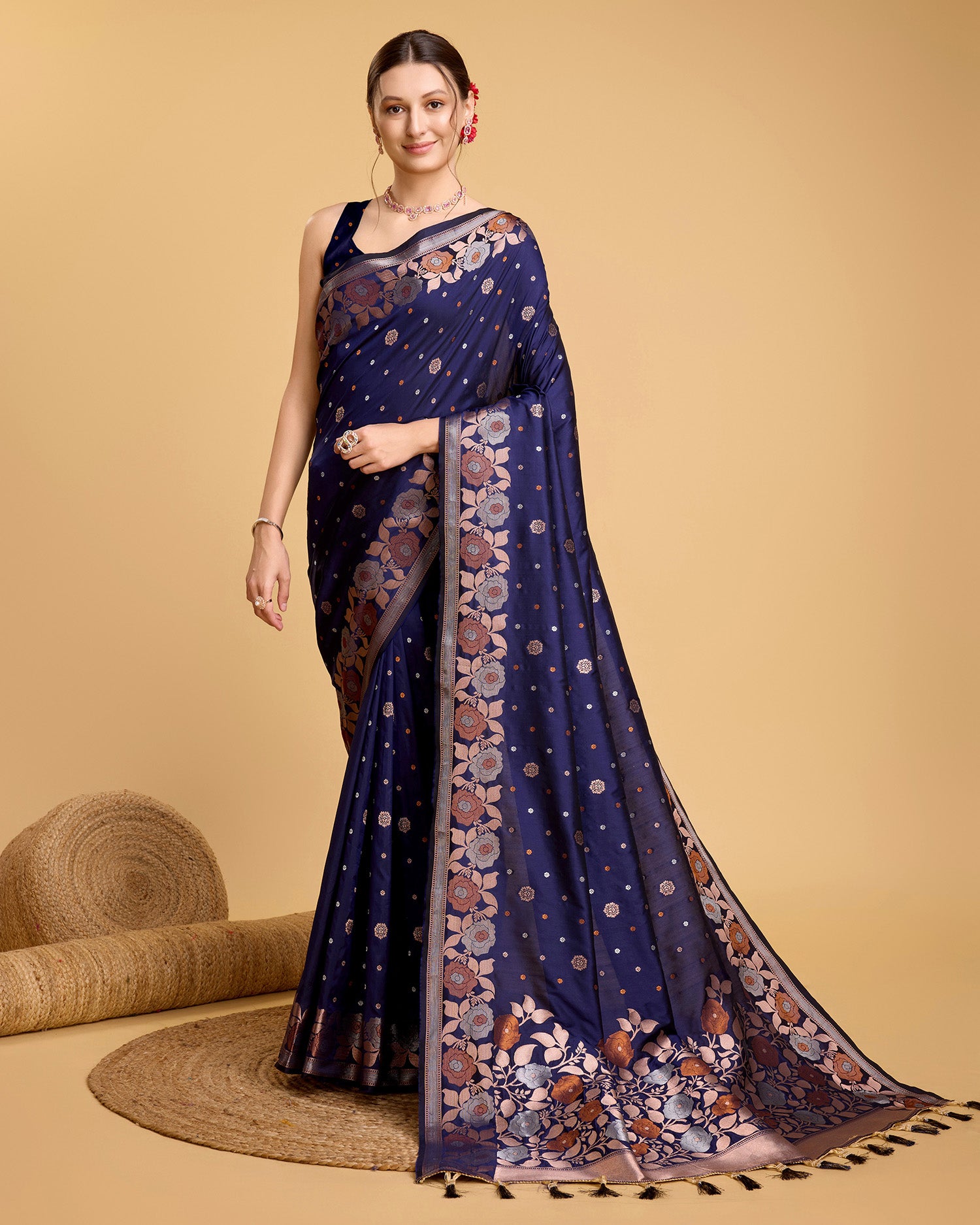 Royal Blue Pure Jacquard Fabric with Sona Chandi Zari – Perfect for Bridal & Festive Ensembles
