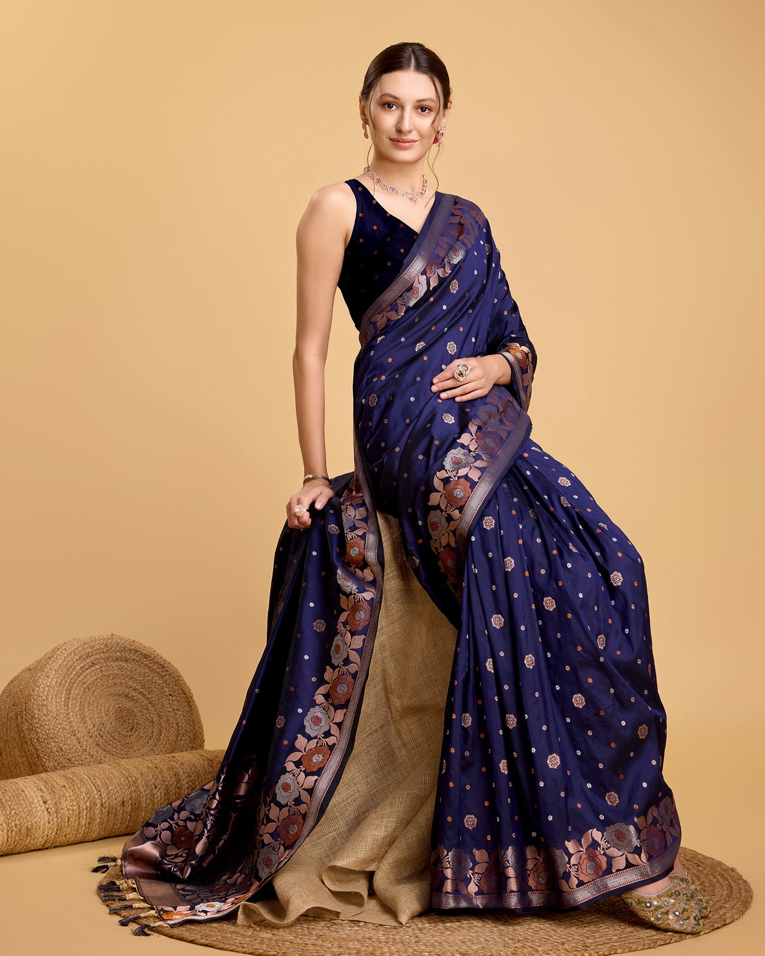 Royal Blue Pure Jacquard Fabric with Sona Chandi Zari – Perfect for Bridal & Festive Ensembles