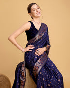 Royal Blue Pure Jacquard Fabric with Sona Chandi Zari – Perfect for Bridal & Festive Ensembles
