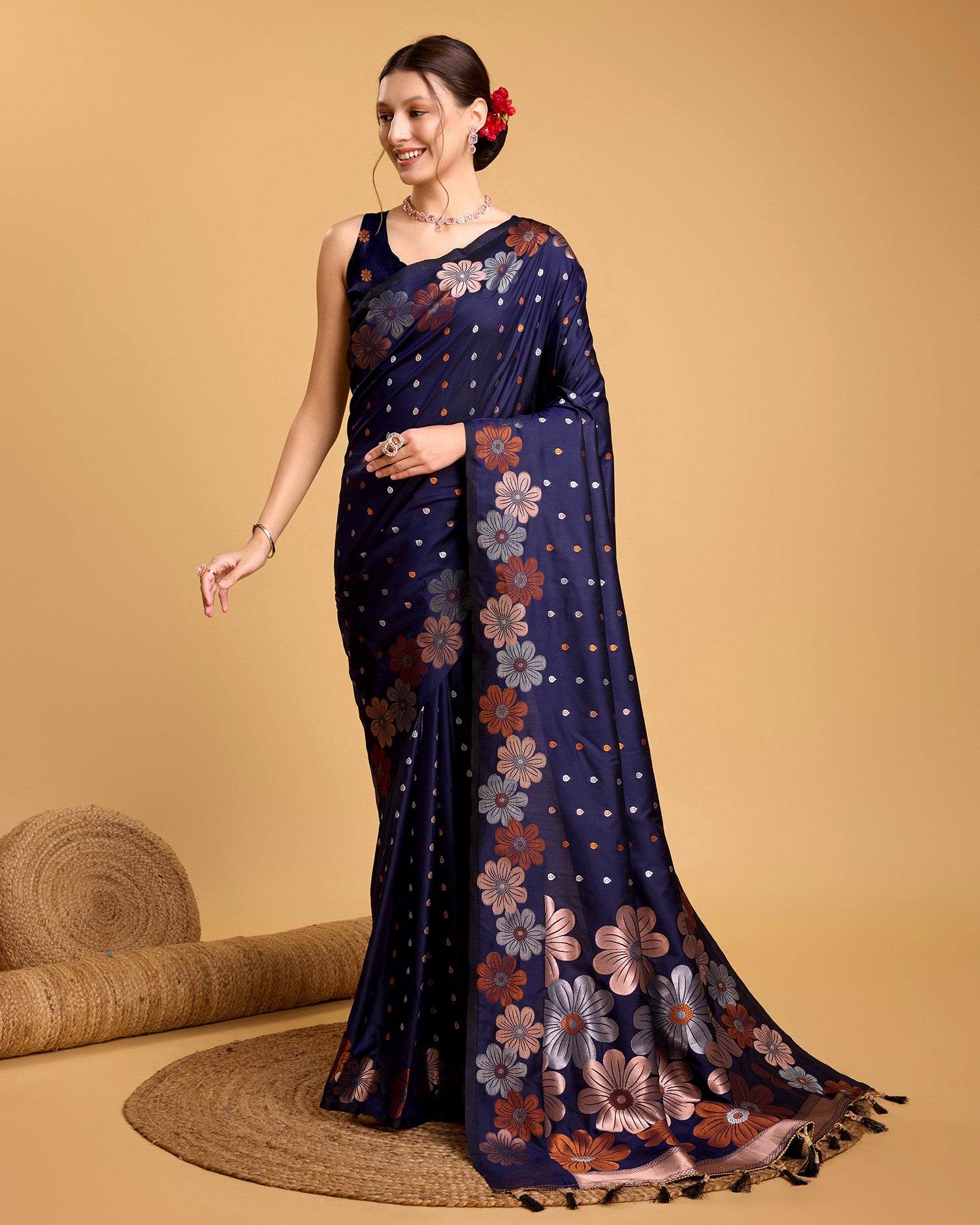 Navy Blue Pure Jacquard Fabric with Sona Chandi Zari – Perfect for Bridal & Festive Ensembles