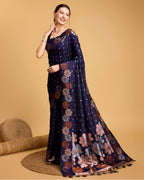 Navy Blue Pure Jacquard Fabric with Sona Chandi Zari – Perfect for Bridal & Festive Ensembles