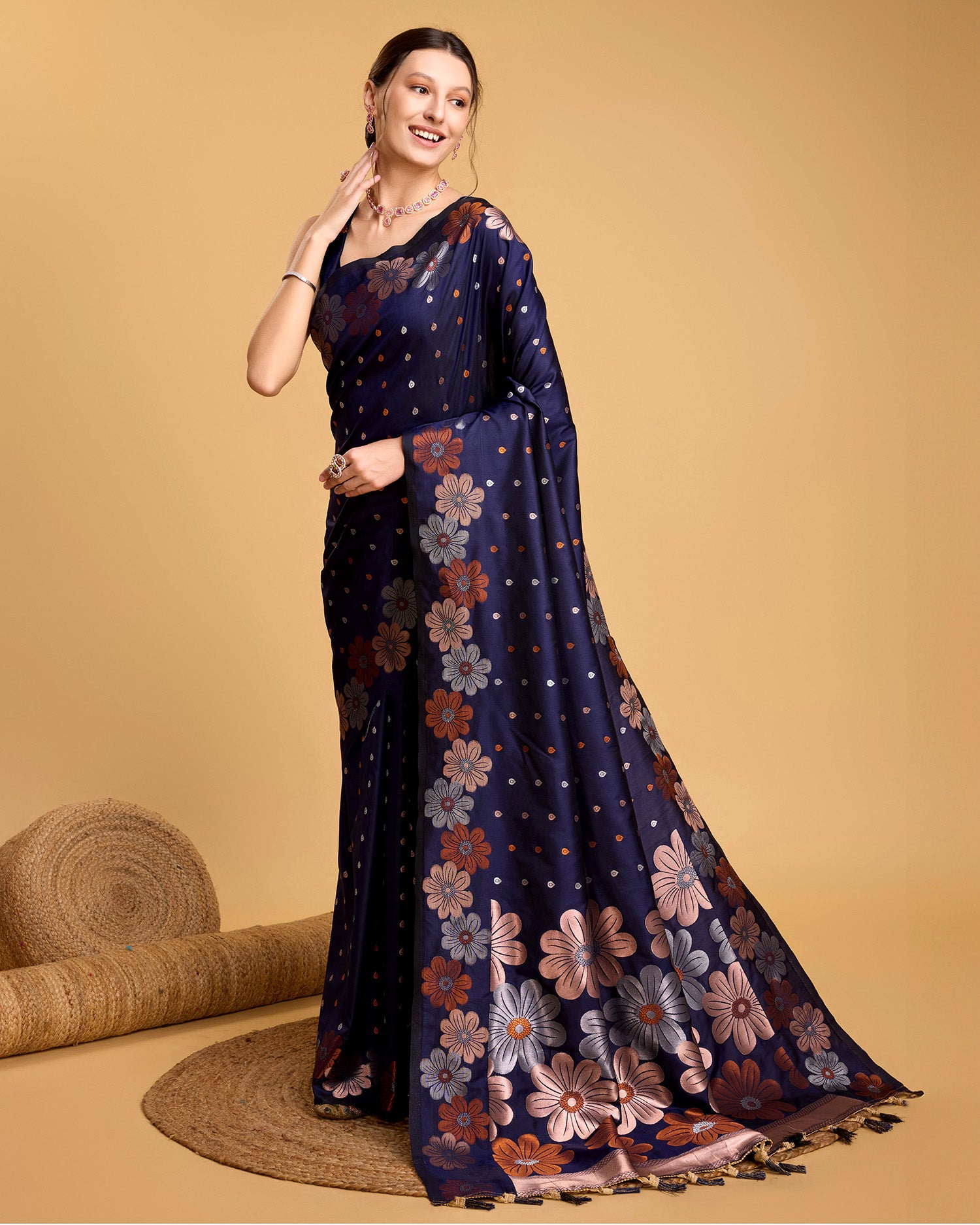 Navy Blue Pure Jacquard Fabric with Sona Chandi Zari – Perfect for Bridal & Festive Ensembles
