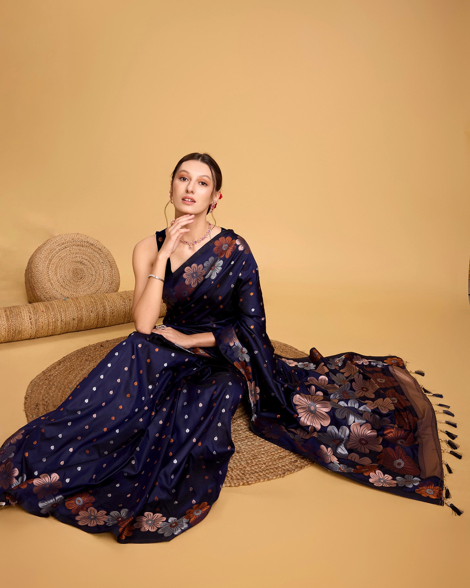 Navy Blue Pure Jacquard Fabric with Sona Chandi Zari – Perfect for Bridal & Festive Ensembles