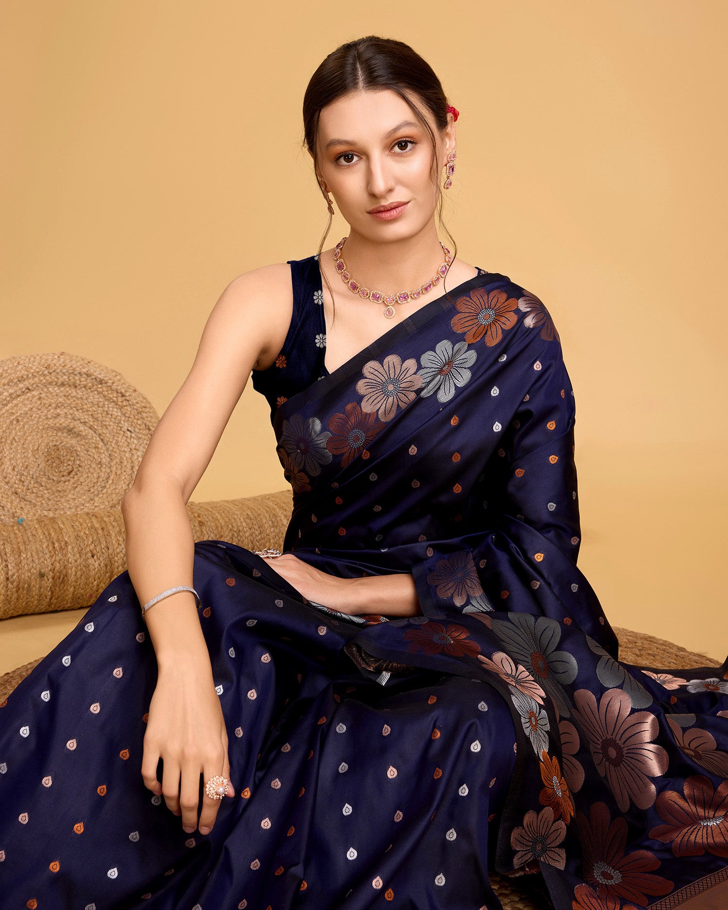 Navy Blue Pure Jacquard Fabric with Sona Chandi Zari – Perfect for Bridal & Festive Ensembles