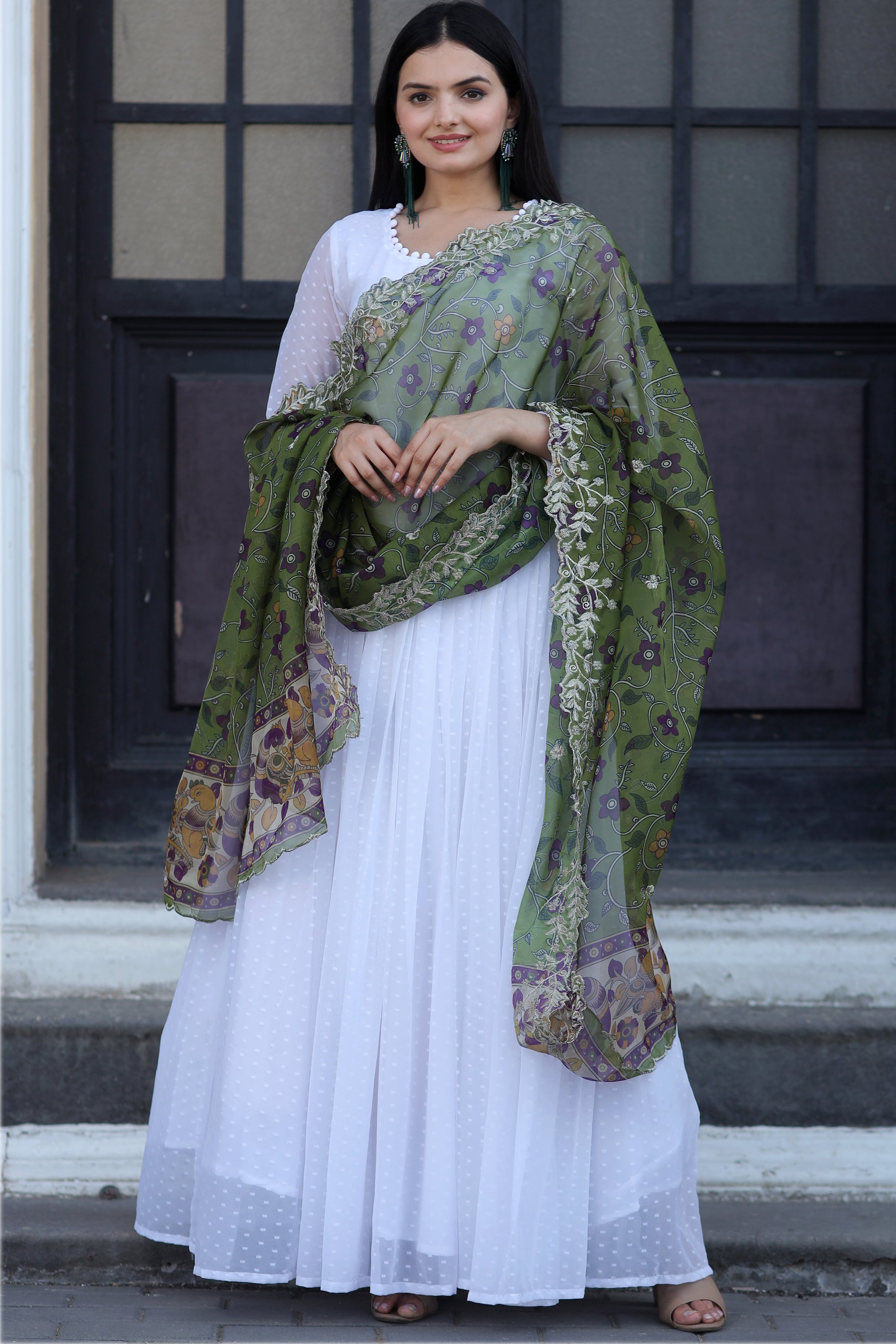 Green Gown with Soft Organza Kalamkari & Leheriya Printed Dupatta – Elegant Traditional Party Wear