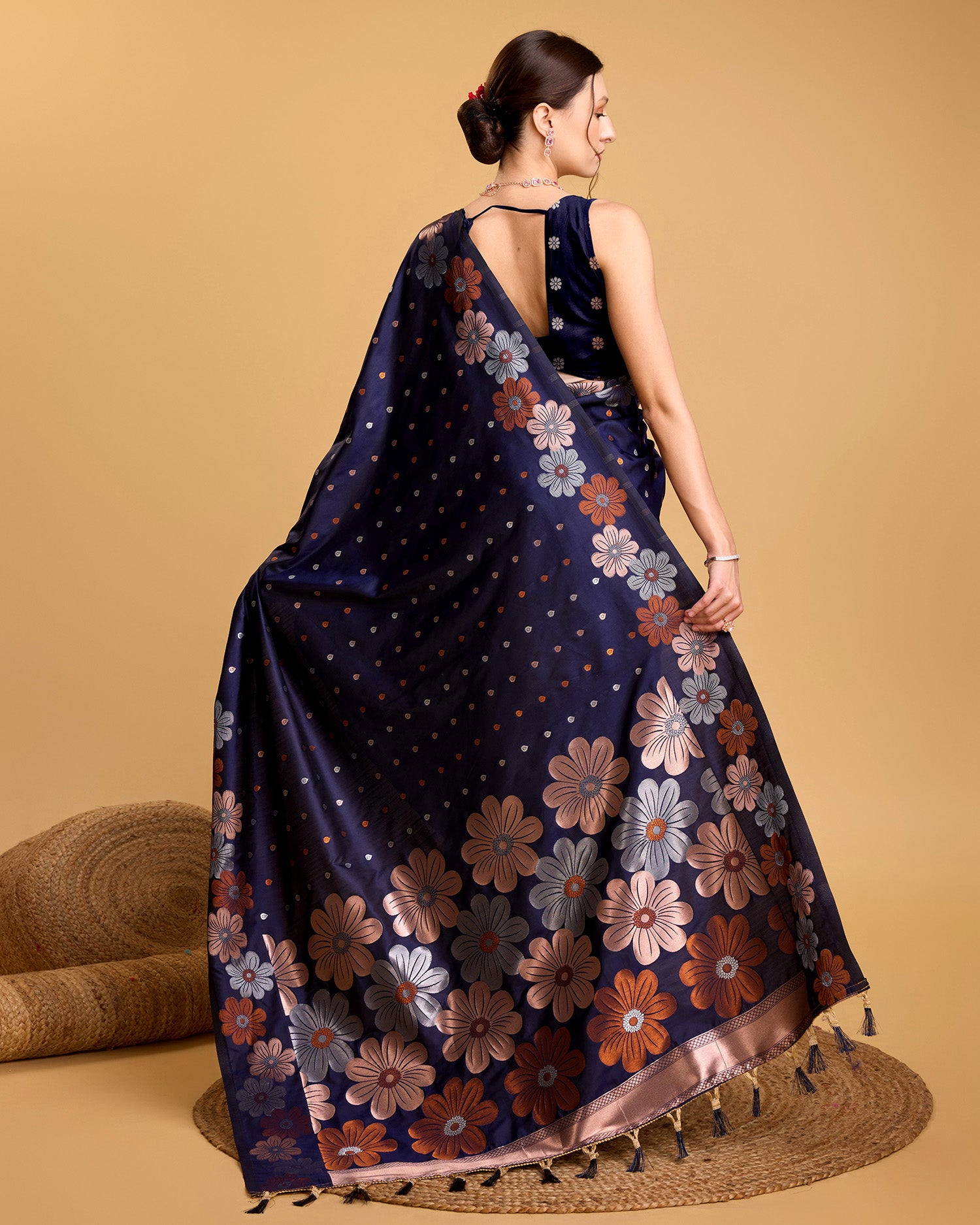 Navy Blue Pure Jacquard Fabric with Sona Chandi Zari – Perfect for Bridal & Festive Ensembles